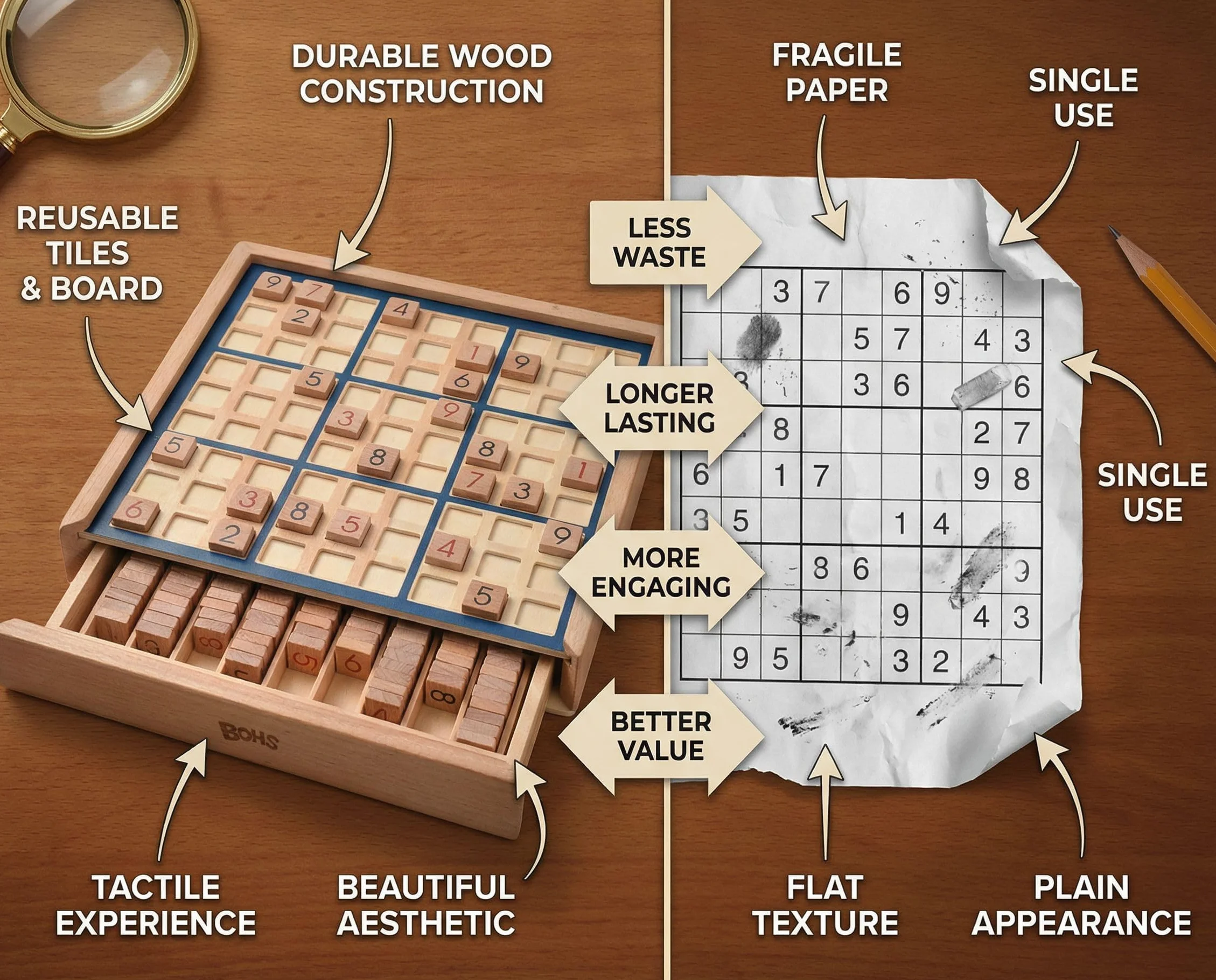 BOHS Gioco da Tavolo in Legno Sudoku con Cassetto - 100 Puzzle di Sudoku - Rompicapo Matematico da Tavolo