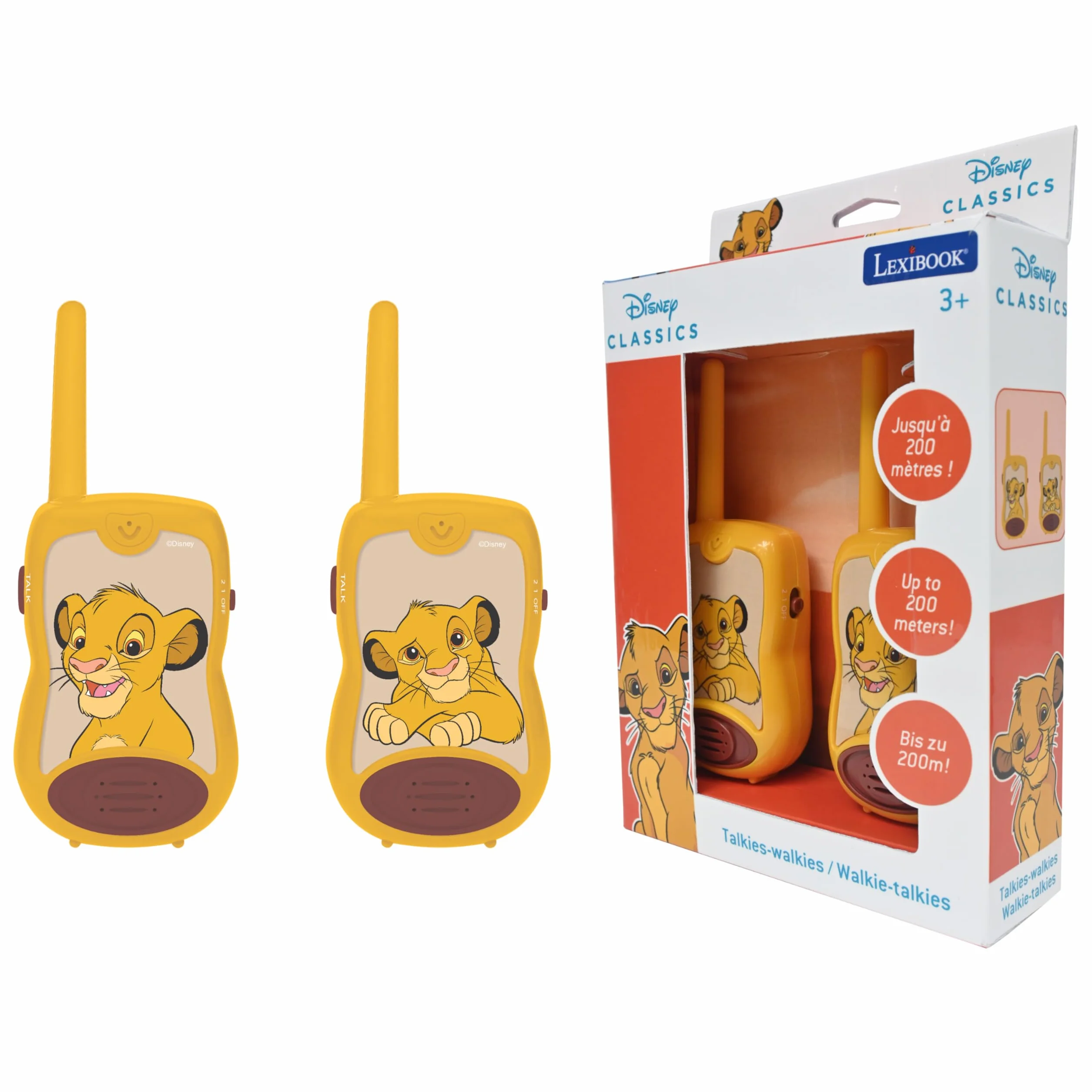 Lexibook, Disney Król Lew, Walkie-Talkie 200 M, Gra Komunikacyjna dla Dzieci, 2 Kanały Komunikacji, Pasek na Klips, Baterie, Żółty, TW12AN