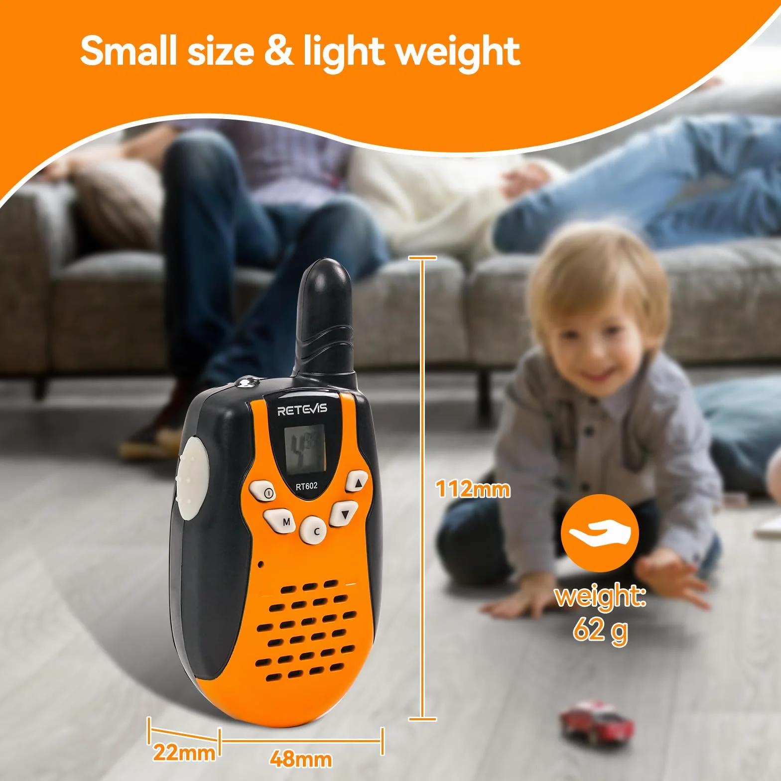 Retevis RT602 Kids Walkie Talkies Akumulator PMR446 8-kanałowy Latarka VOX Dzieci Walkie Talkie z bateriami litowo-jonowymi i ładowarką (pomarańczowy, 1 para)