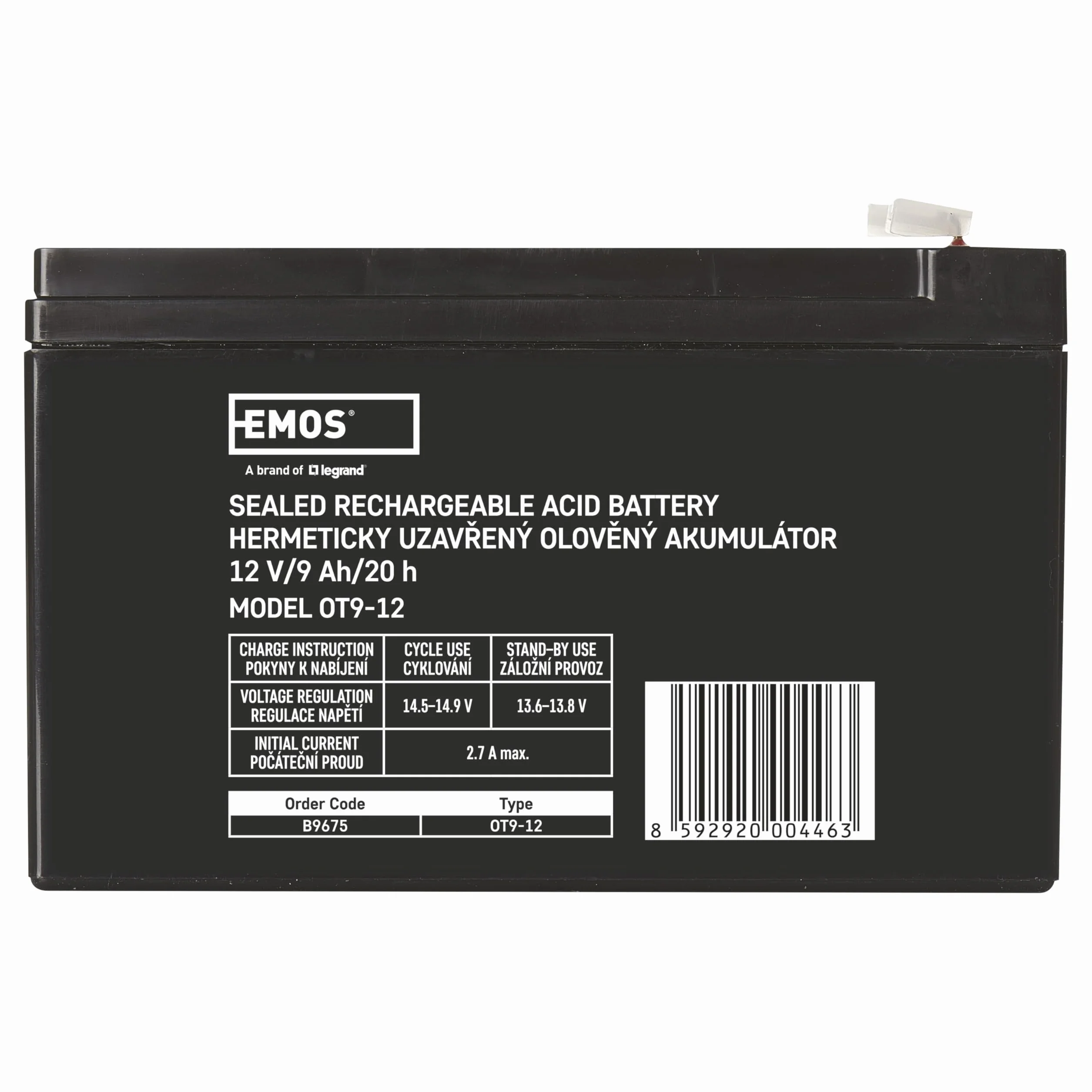 EMOS B9675 bezobsługowy akumulator ołowiowy/ołowiowy akumulator do pojazdów dziecięcych, urządzeń UPS 12V, 9 Ah, faston 6,3 mm, 12 V