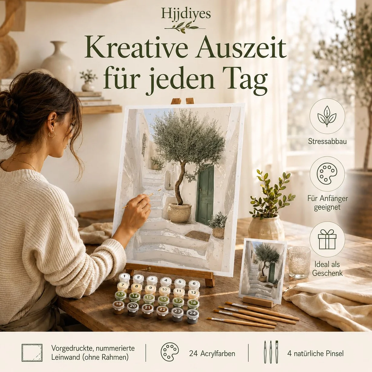 Hjjdiyes Malowanie według liczb, dla dorosłych, krajobraz, drzewo oliwne, zestaw do malowania według liczb, z płótnem, pędzlem i farbą akrylową – DIY ręcznie malowany, na olej, zestaw na prezent, 40 x