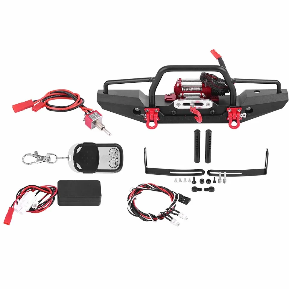 Zderzak przedni samochodu RC z wciągarką, przedni zderzak ze stopu aluminium z wciągarką Bezprzewodowy pilot zdalnego sterowania do RC Car Crawler Upgrade Part