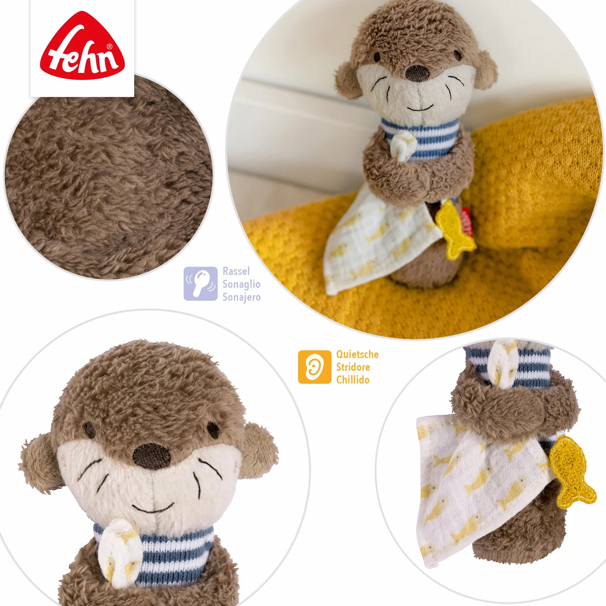 Fehn Stabgreifling Otter – Kuscheltier-Greifling zum Rasseln, Quietschen, Fühlen, Spielen – ein treuer Begleiter für Babys und Kleinkinder ab 0+ Monaten