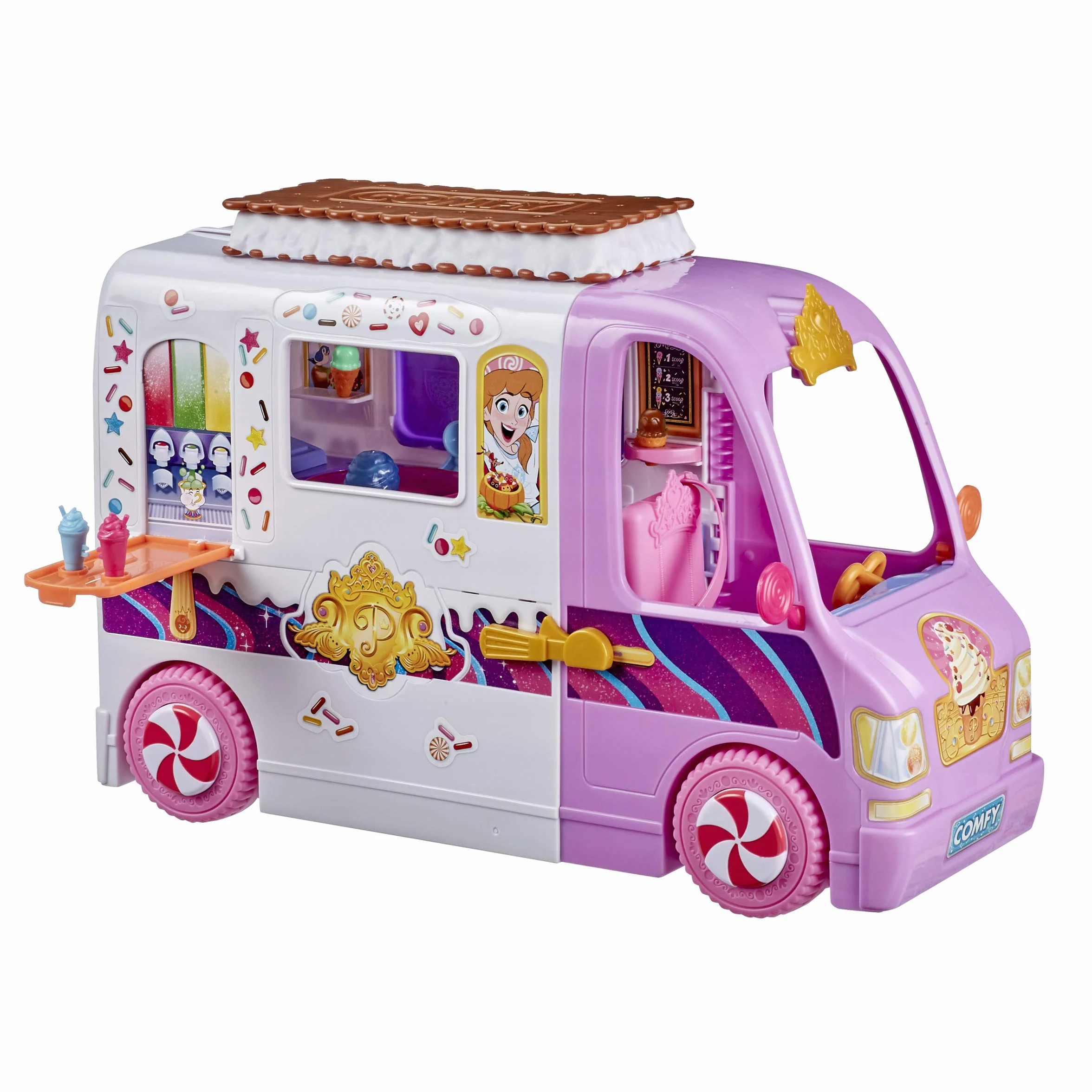 Disney Princess Comfy Squad Sweet Treats Truck, zestaw do zabawy z 16 akcesoriami, sklep z lodami, zabawka dla dziewcząt w wieku od 5 lat