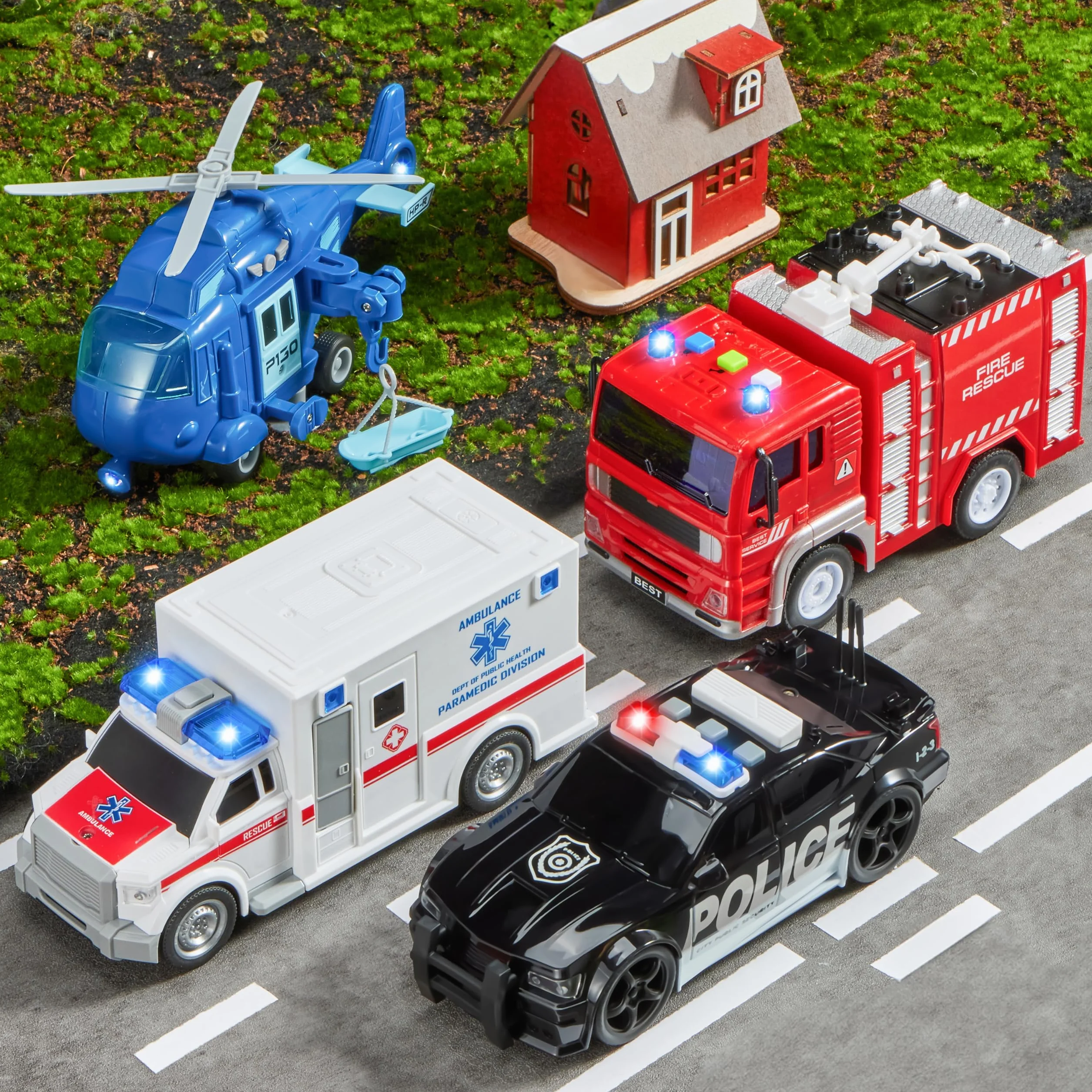 JOYIN Zestaw 4 zestawów gier City Hero Powered by Friction, w tym wóz strażacki, karetkę, samochód policyjny i helikopter ratowniczy