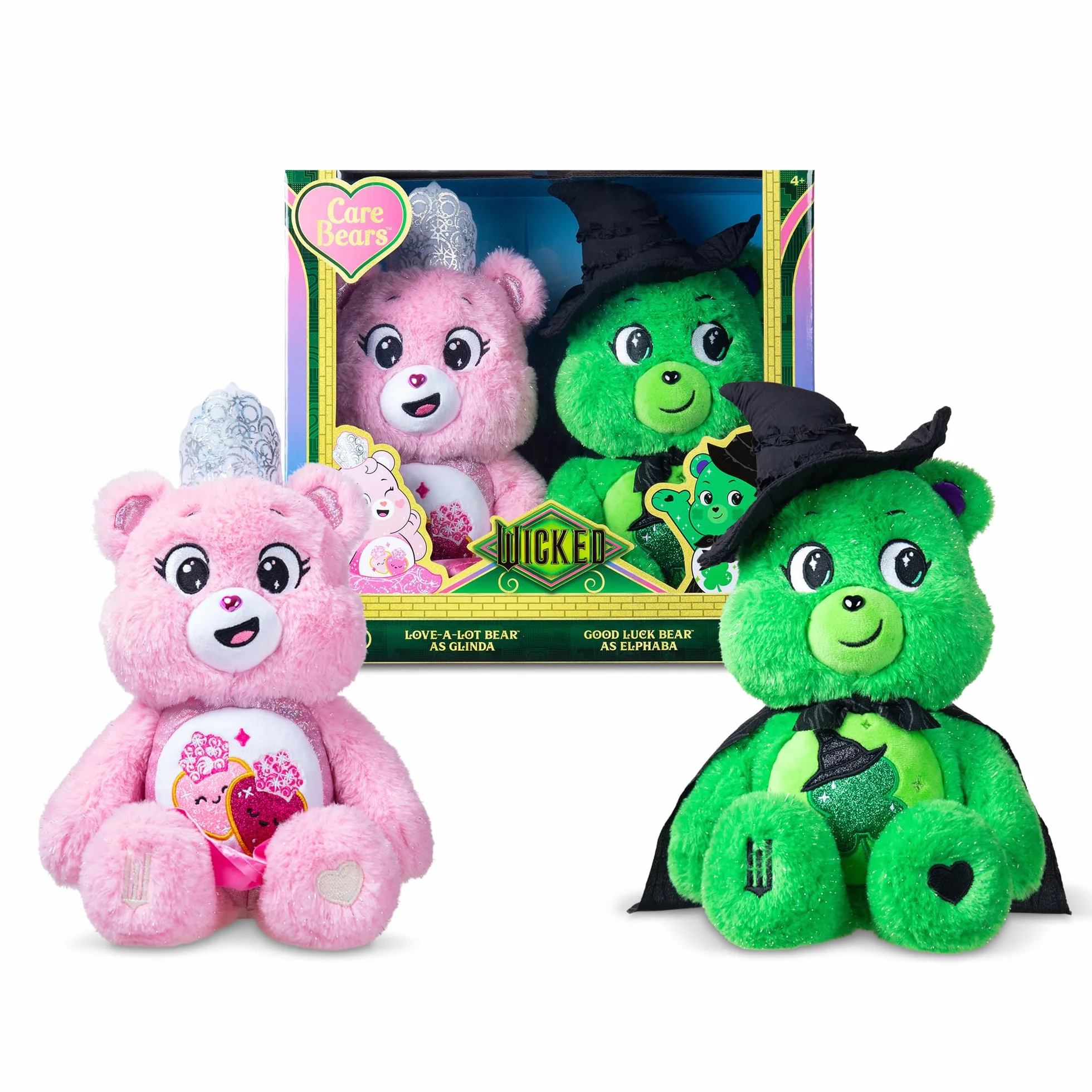 Basic Fun Care Bears Wicked Maskotka Pluszowa 22 cm – Zestaw 2 sztuki edycja limitowana – Good Luck Bear jako Elphaba i Love-a-lot Bear jako Glinda – Pluszaki teatralnego crossovera dla dzieci i fanów