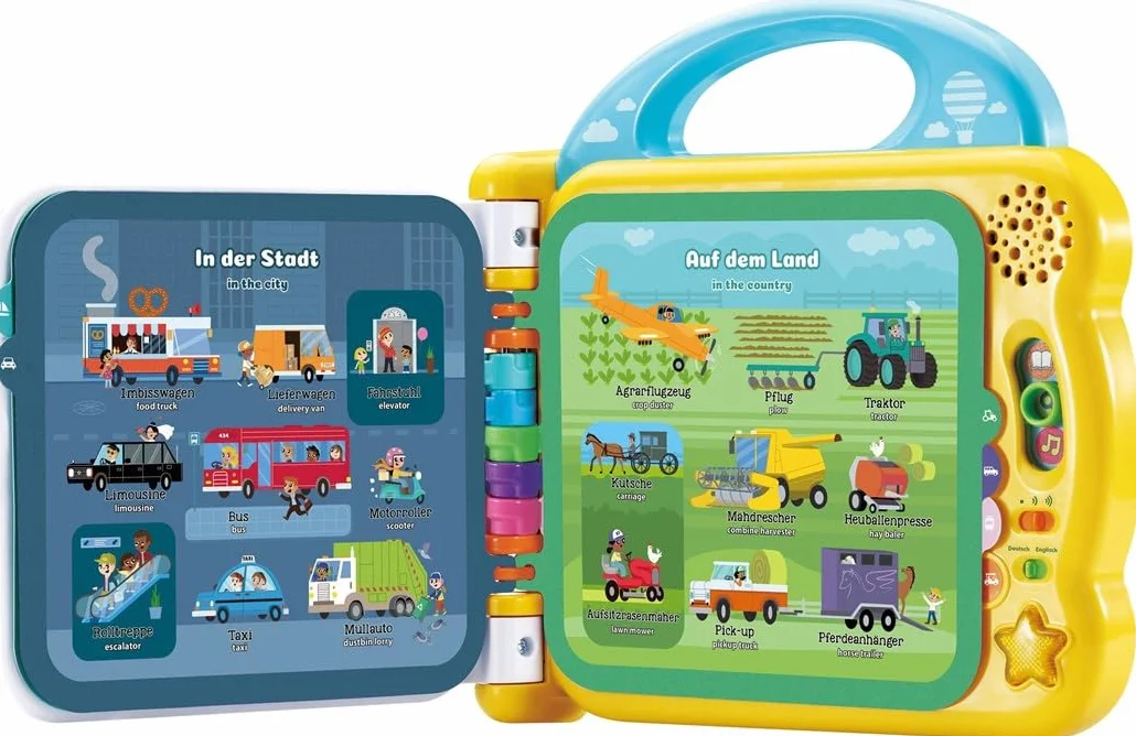Vtech Baby Mein książka z 100 słowami: pojazdy i środki ruchu – interaktywna książka z ponad 100 słowami na 12 dwustronnych stronach (niemiecki i angielski) – dla dzieci w wieku 2-5 lat