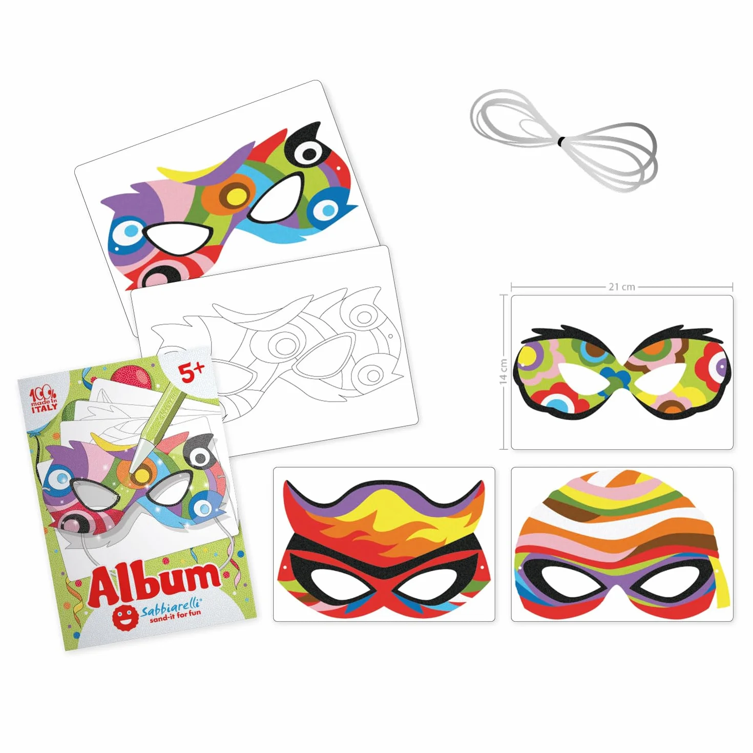 Sabbiarelli Sand-it For Fun – Album Maski – 4 Karty Samoprzylepne A5 do Sand Art z 4 Maskami z Gumkami | KOLOROWY PIASEK NIE JEST DOŁĄCZONY | Karnawał dla Dzieci 5-12 Lat