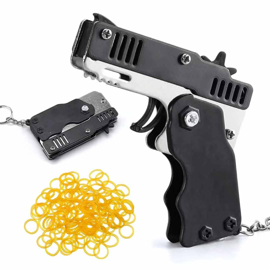 Pistolet gumowy – 1 szt. mini pistolet gumowy z metalu, składany, 6 strzałów z breloczkiem do kluczy i 60 gumowymi taśmami, metalowy składany brelok do kluczy do aktywności na świeżym powietrzu