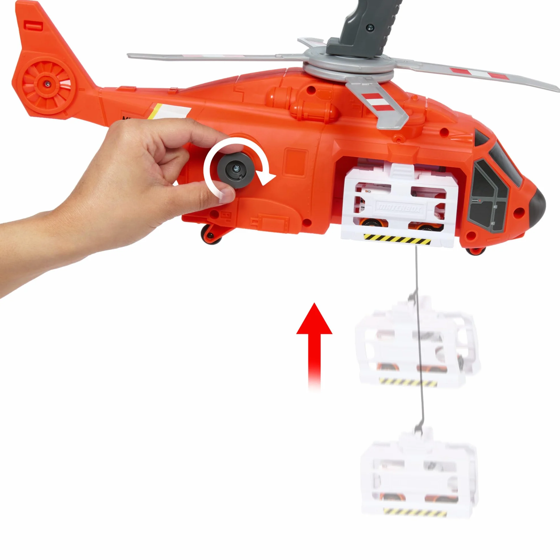 Matchbox Helikopter ratunkowy Zestaw z dużym helikopterem (40,5 cm) przekształcającym się w stację ratowniczą, śmigłem napędzanym ręcznie i metalową karetką w skali 1:64, HXM74