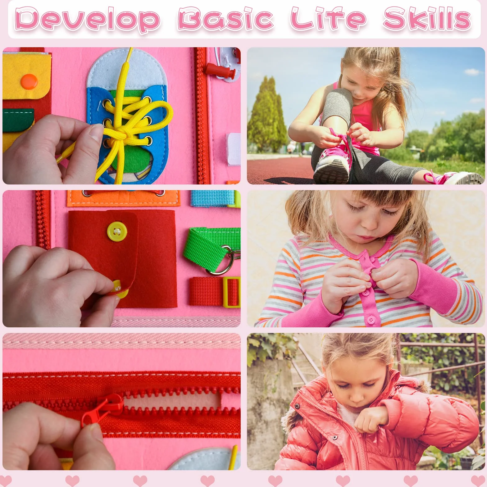 Busy Board Montessori 8 stron, gry Montessori dla dzieci 1, 2, 3 4 lata, różowa zabawka edukacyjna dla dzieci, tablica sensoryczna Montessori, tablica aktywnościowa z puzzlami