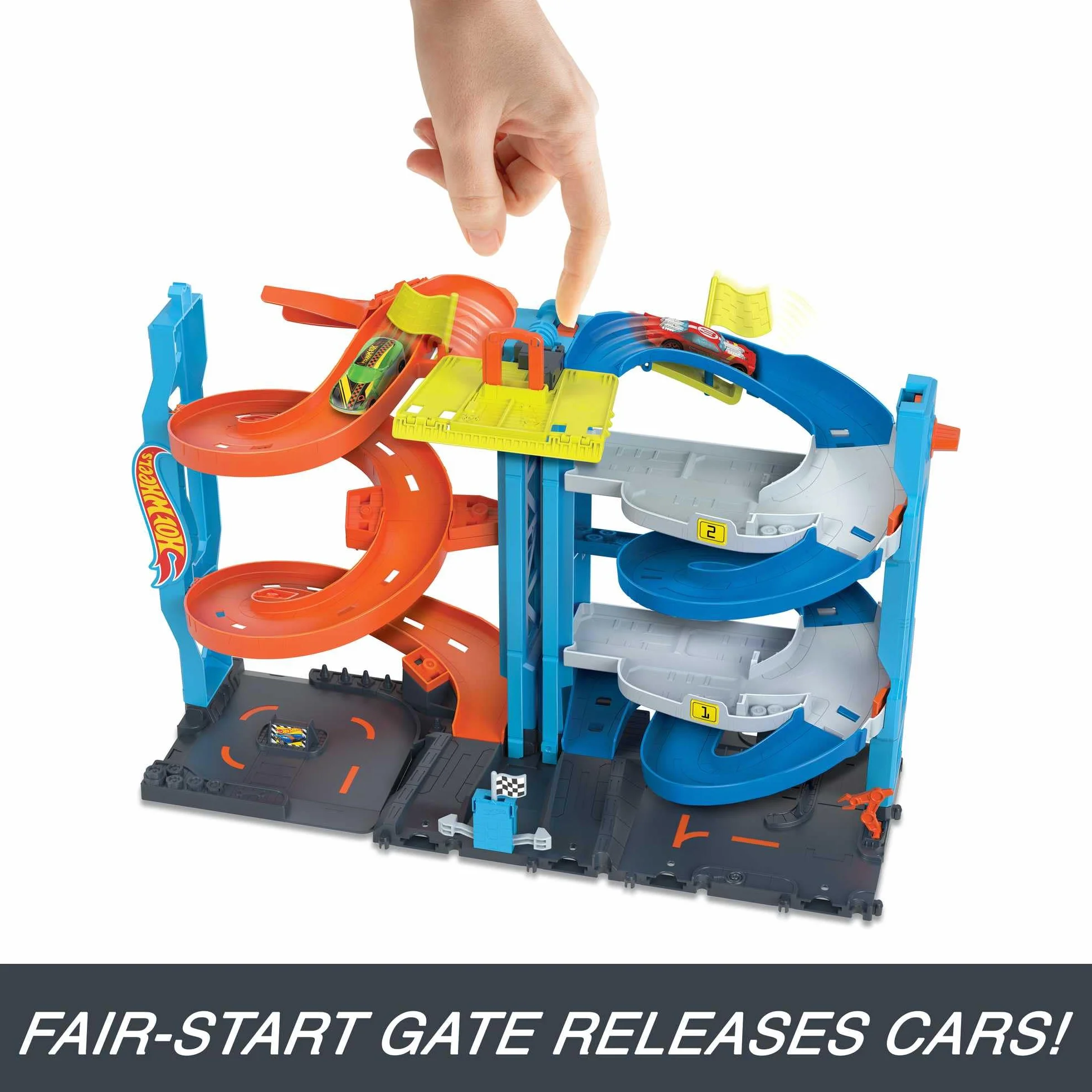 Hot Wheels City Wyścigowa wieża z transformacją Zestaw 2 w 1 z windą przekształcający się z pojedynczego wysokiego toru w podwójny HKX43
