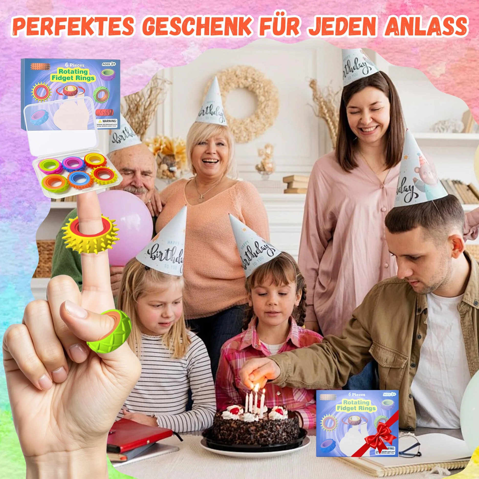Zestaw 12 zabawek Fidget Ring dla dzieci i dorosłych, silikonowe pierścienie antystresowe, Fidget Spinner do pomocy przy ADHD, do akupresury, zabawki autystyczne, pierścienie do masażu palców