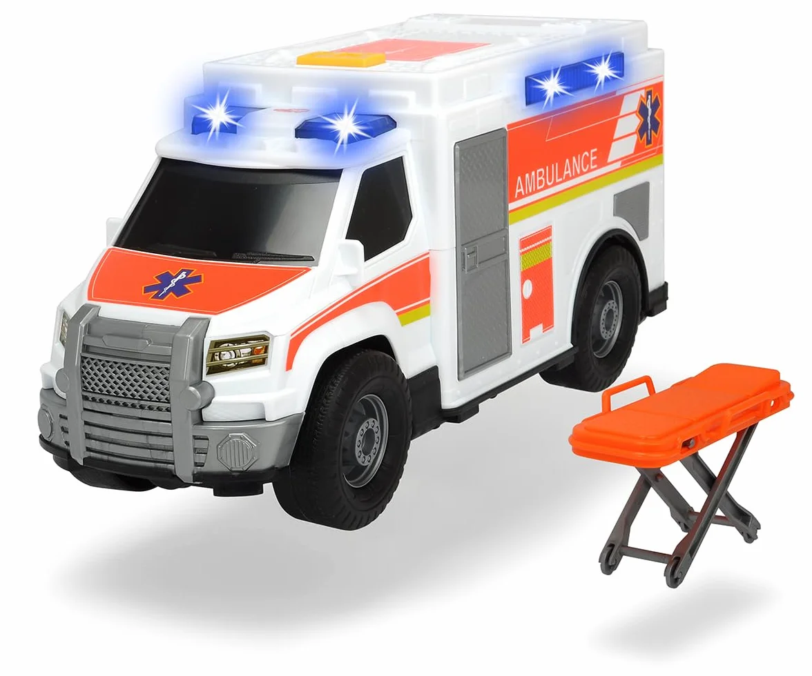 Dickie Toys 203306002 Ambulans Zabawkowa karetka, wózek ratowniczy, otwierane tylne drzwi, światło i realistyczne dźwięki, w zestawie baterie, rozmiar 30 cm, prezent dla dzieci od 3 lat