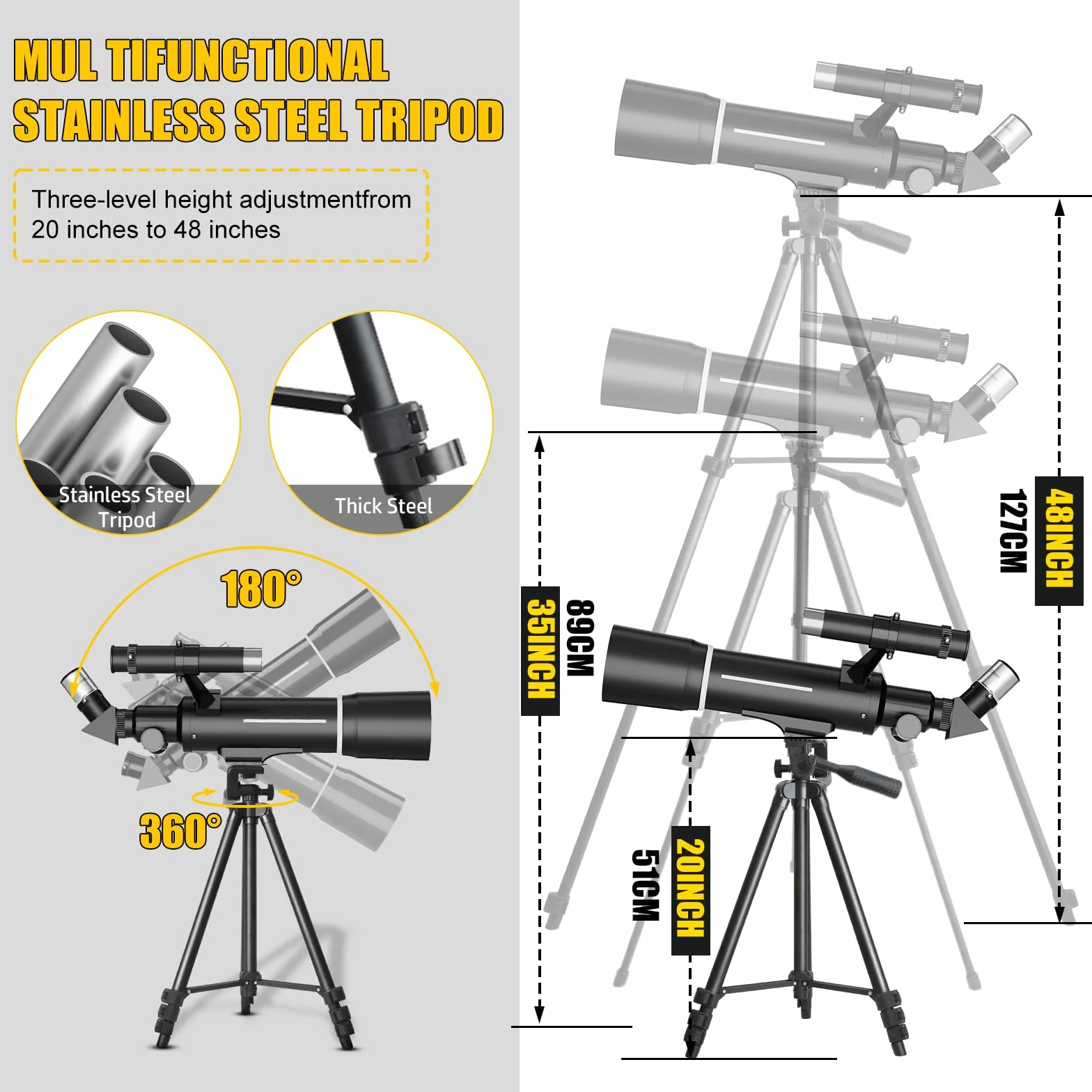 Teleskop Astronomiczny 500/70mm, 200x, ze statywem, adapter do telefonu, filtr księżycowy i 3 okulary, dla początkujących i dzieci
