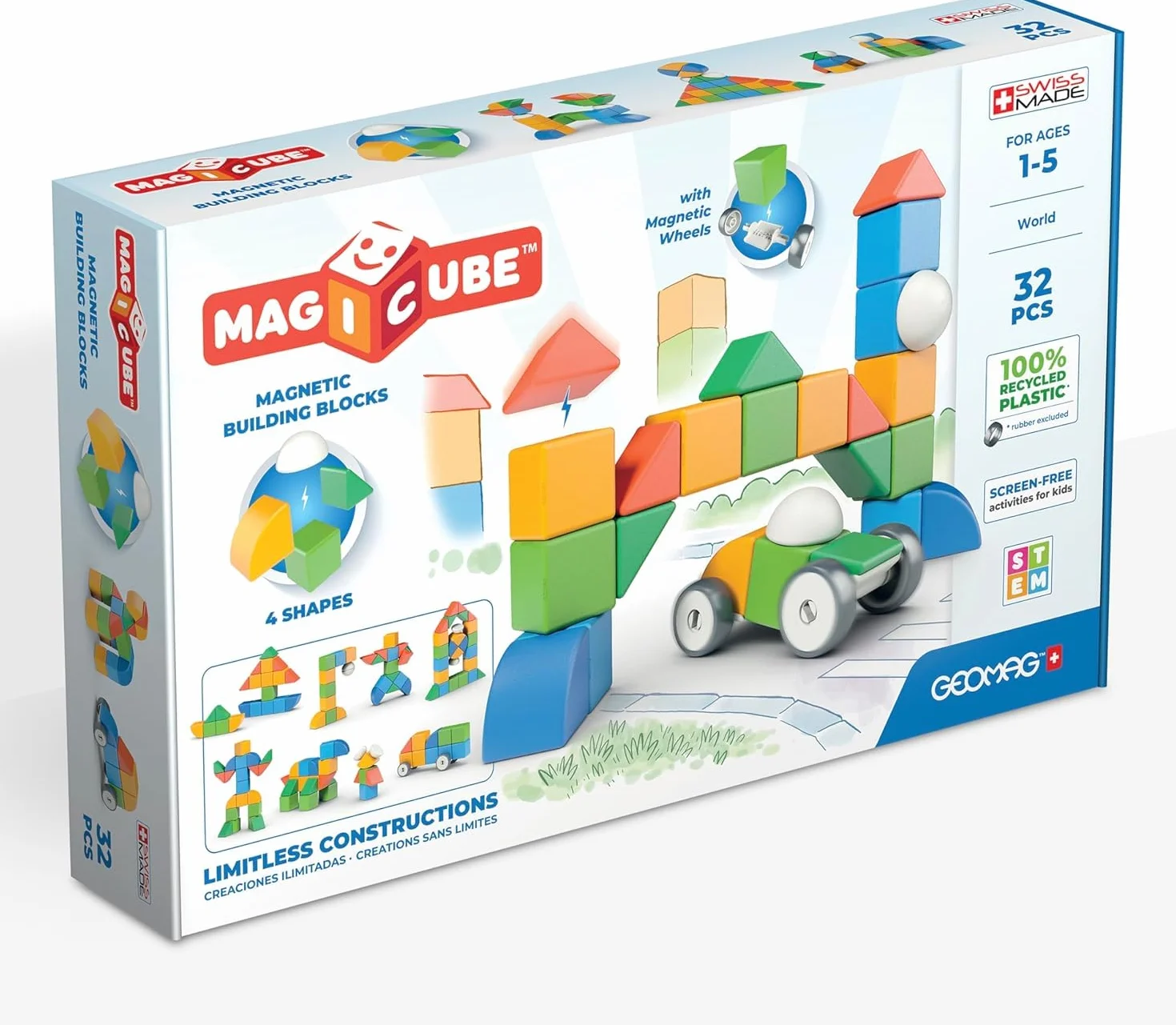 Geomag - Magicube 1+ Shapes - Magiczne Kostki Magnetyczne dla Dzieci, 4 Kolory i Kształty, 32 Bloki, Gra Edukacyjna, 100% Plastiku z Recyklingu