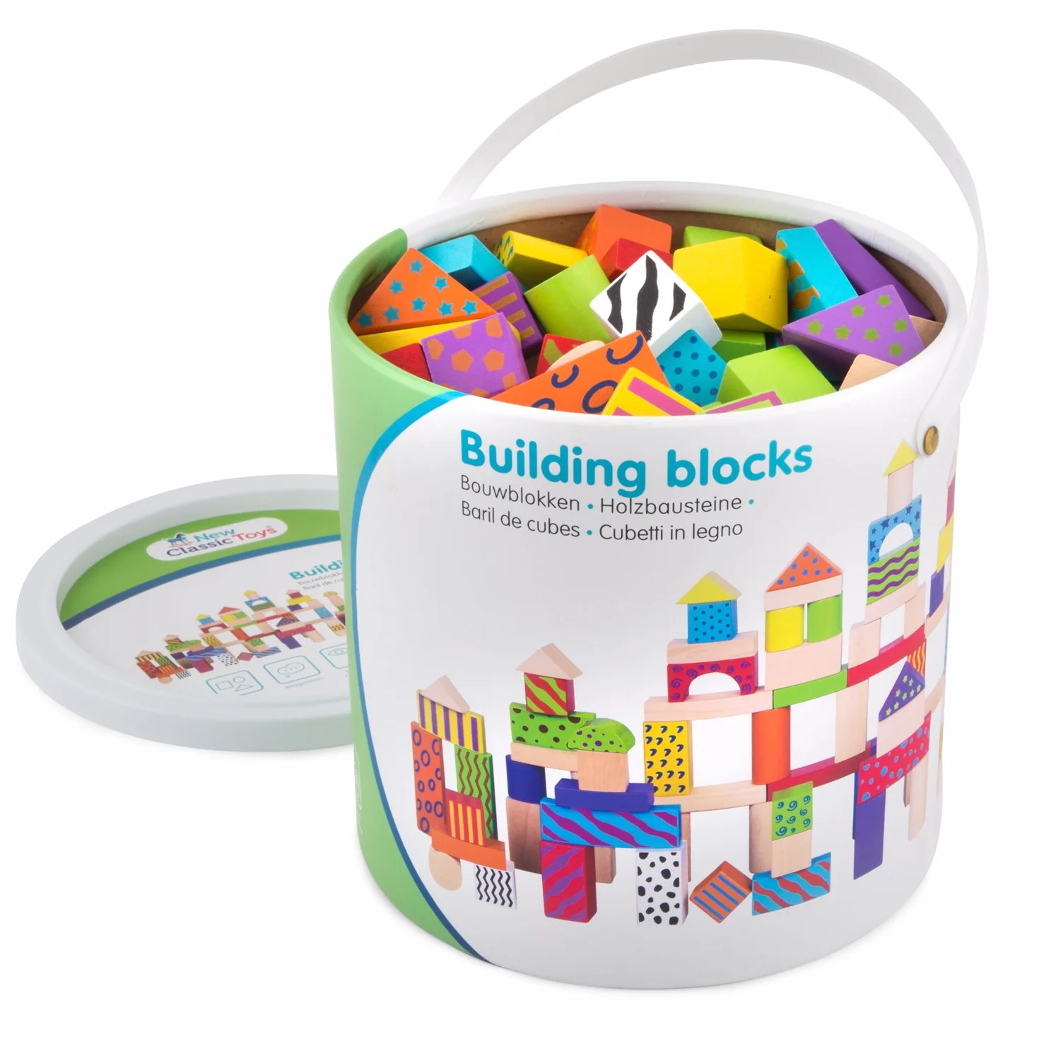 New Classic Toys 10813 drewniane klocki fantasy w bębnie edukacyjna zabawka percepcyjna dla dzieci w wieku przedszkolnym chłopcy dziewczęta 100 sztuk kolorowe
