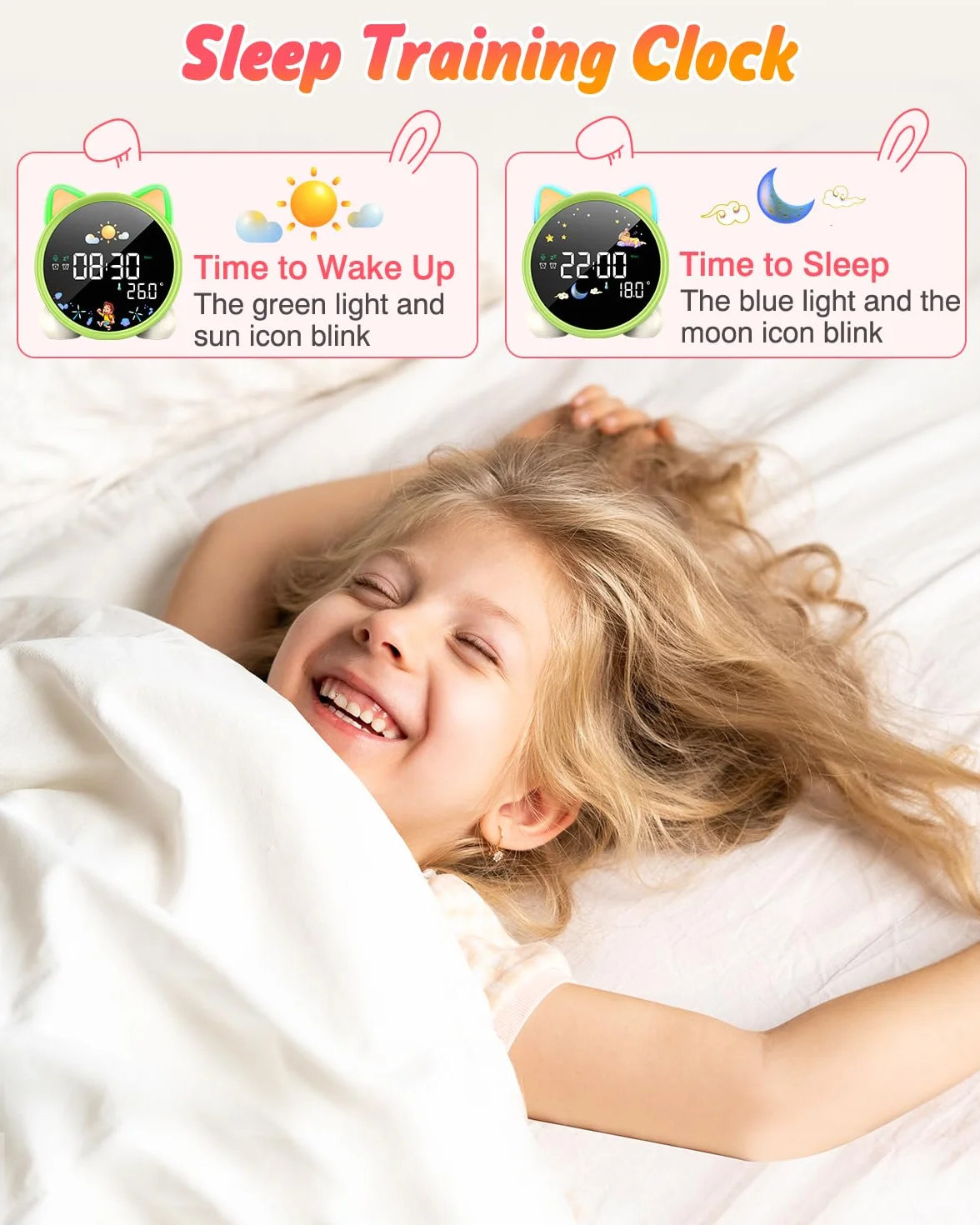 Lemnoi Budzik dla dzieci, zegar trenera snu dla dzieci, zegar OK to Wake z trybem słońca i księżyca, odliczanie/timer, podwójny alarm, regulowane światło nocne, muzyka do spania, drzemka, temperatura