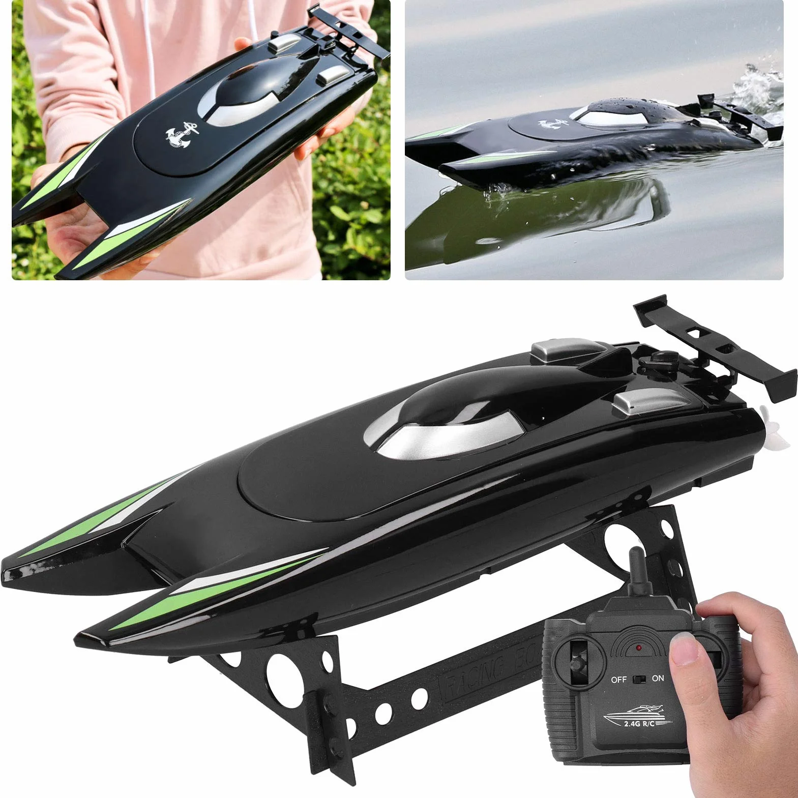 Zabawka ochronna 2,4 G RC Boat, 30 ładowalna łódź wyścigowa o dużej prędkości? Podwójny silnik pilot zdalnego sterowania zabawki motorowe dla dorosłych i dzieci (czarny)