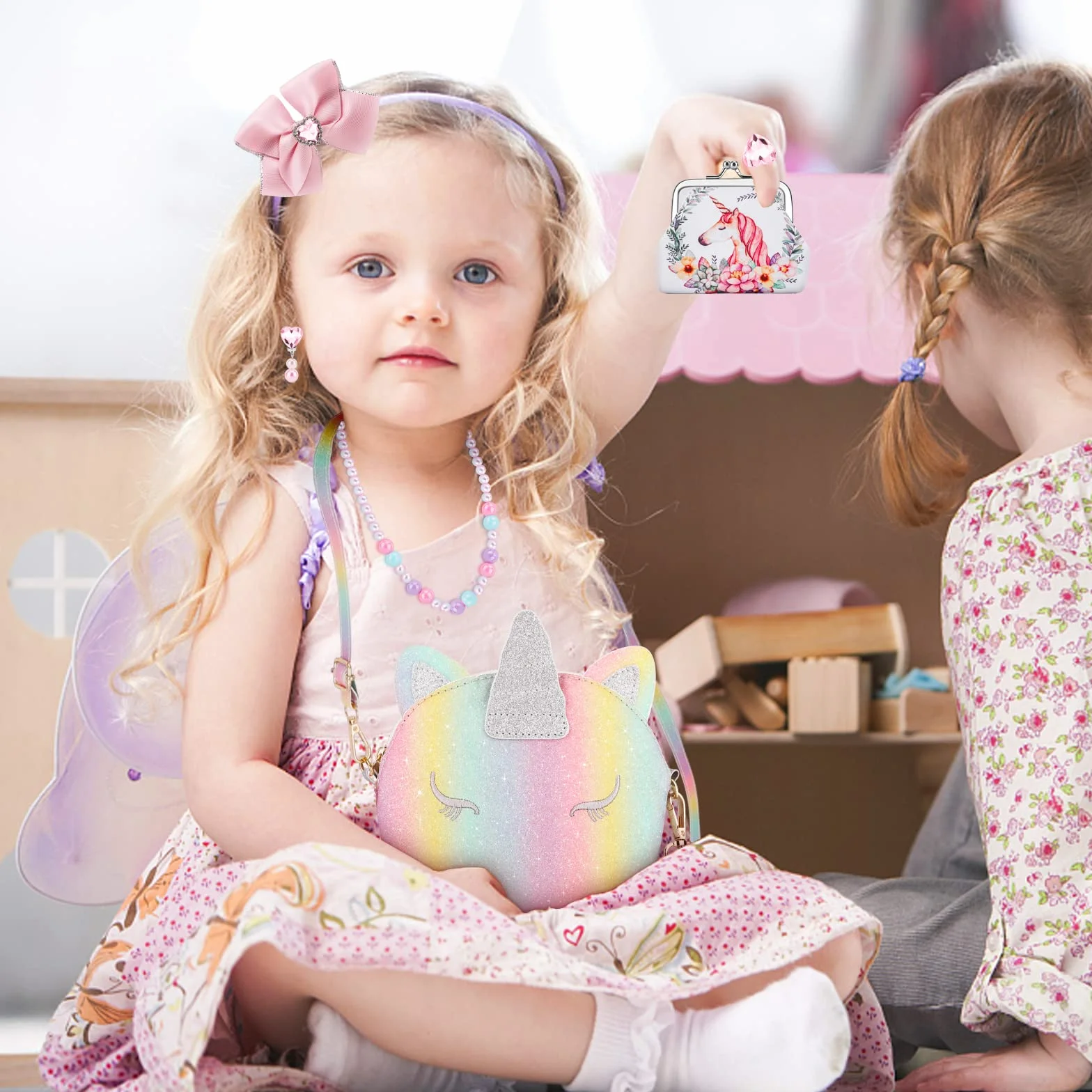 JYPS Torebki z jednorożcami dla dziewczynek, 7 szt. śliczna torba dla dzieci Crossbody z dziećmi Ubierz zestaw biżuterii udawaj akcesoria do zabawy, prezenty urodzinowe jednorożec prezenty zabawki dla