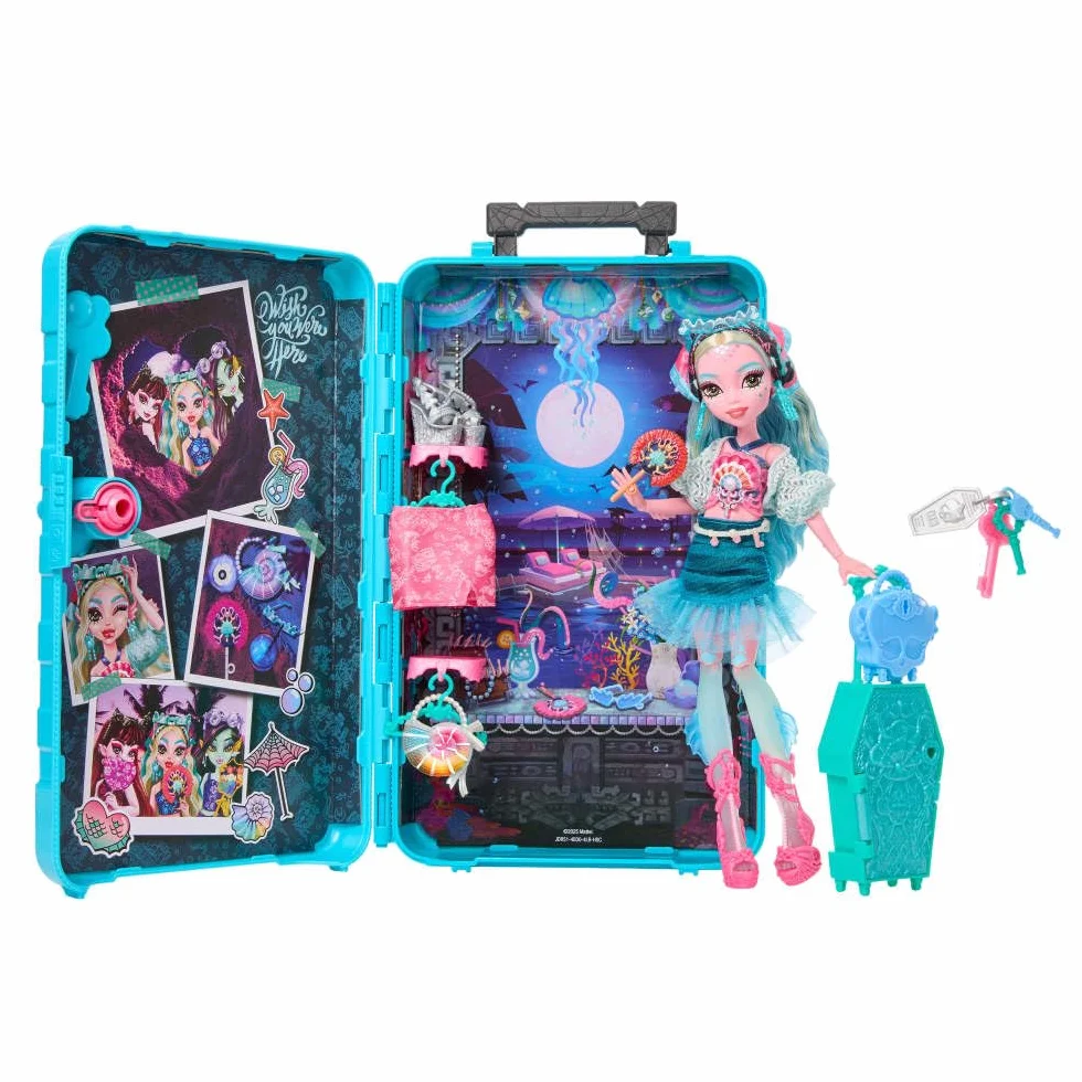 Monster High Straszysekrety Seria 7 Upiorystyczne wakacje Lagoona Blue Zestaw: lalka, walizka i akcesoria-niespodzianki, w tym ubranka, zabawka dla dzieci 4+, JDR51