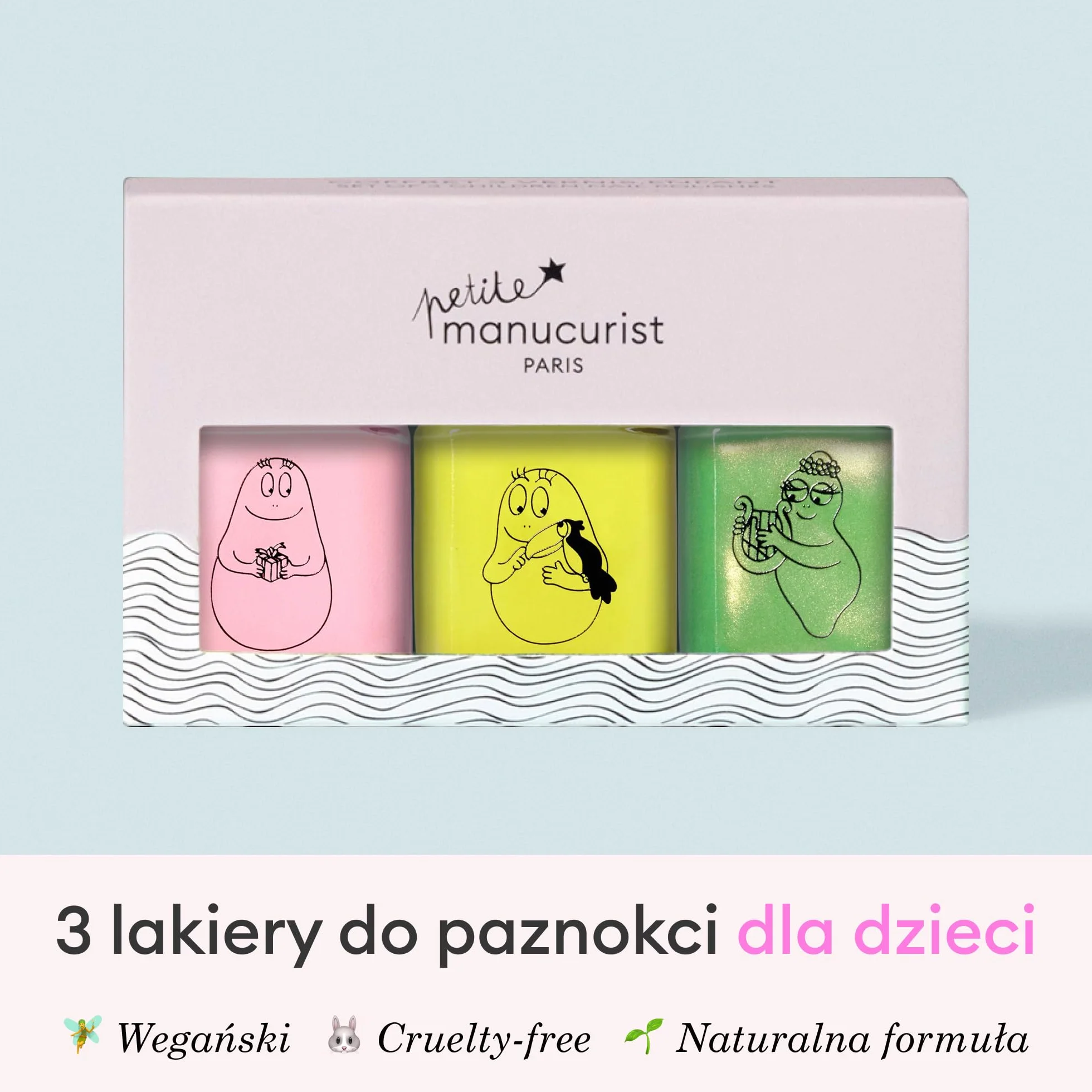 Manucurist Barbapapa Zestaw lakierów do paznokci dla dzieci na bazie wody 3 nietoksyczne lakiery różowy żółty zielony