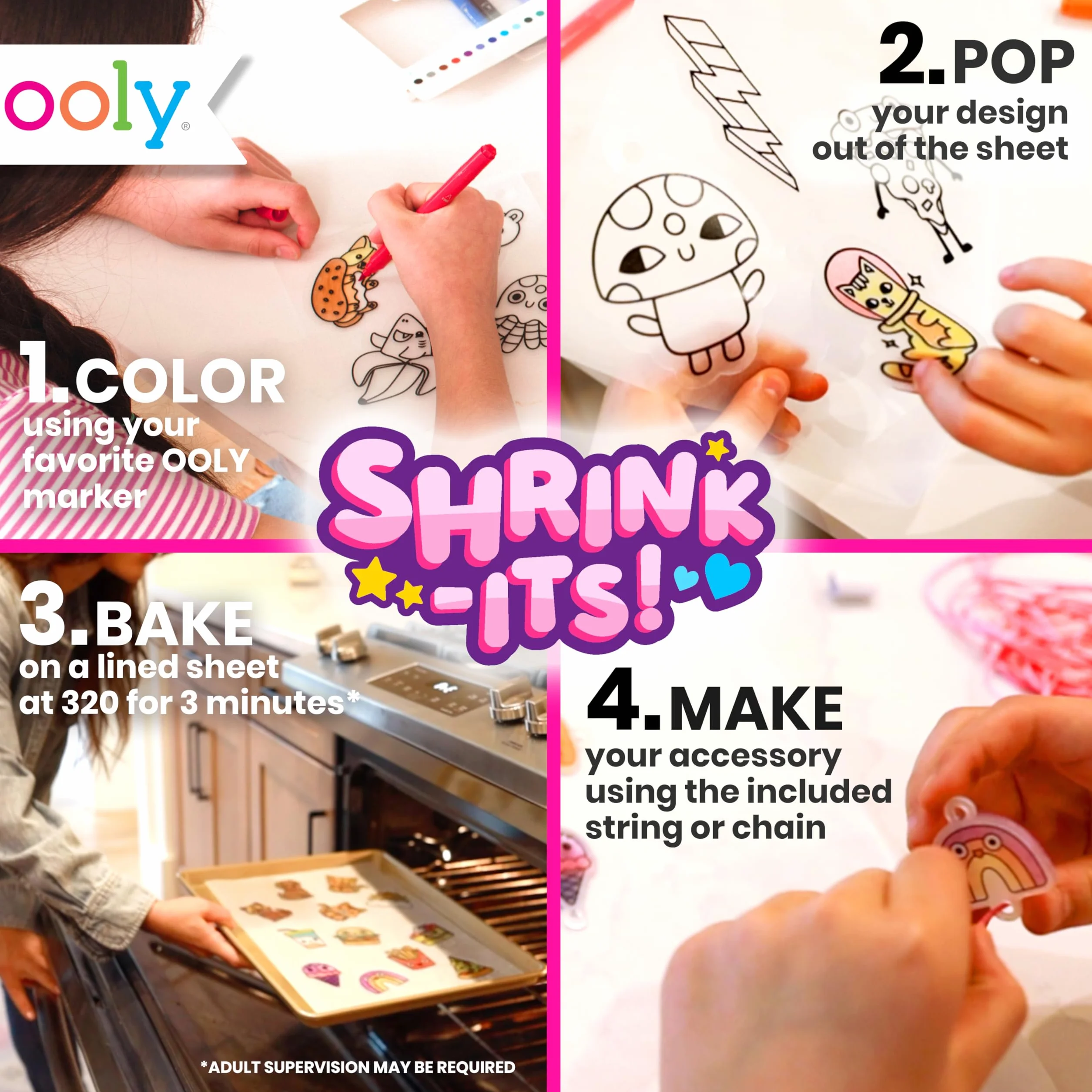 Ooly Shrink-Its 28-częściowy zestaw artystyczny DIY, kurczący się wisiorek, zawiera 20 plastikowych wstępnie wyciętych zawieszek i nie tylko, sztuka bez bałaganu dla dzieci, prezenty DIY dla dzieci