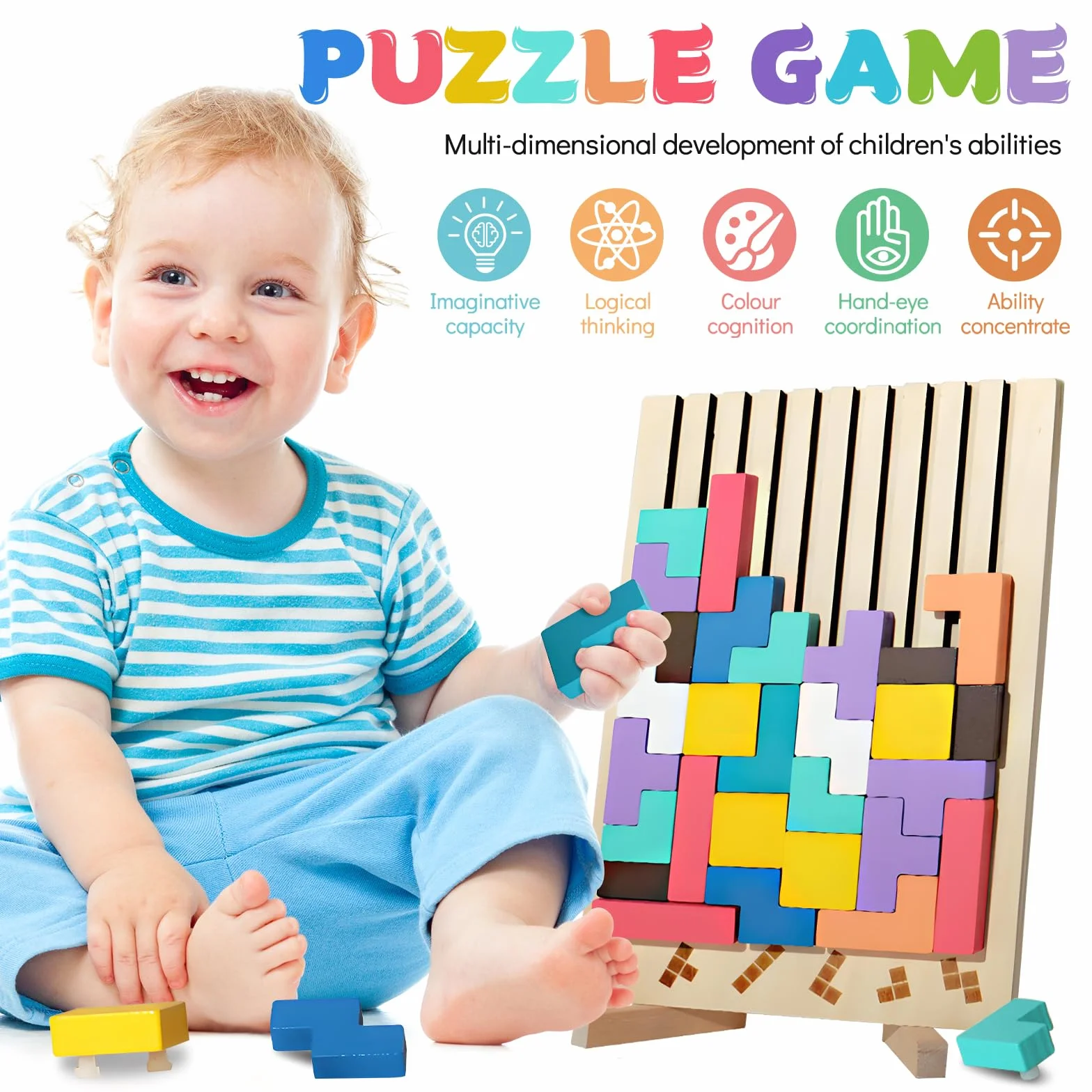 Drewniane puzzle Tetrs, zabawki edukacyjne, Montessori Games 3 4 5 6 lat, inteligencja układanka, zabawka do mózgu, kolorowe geometryczne bloki tetrs, prezent dla dziecka