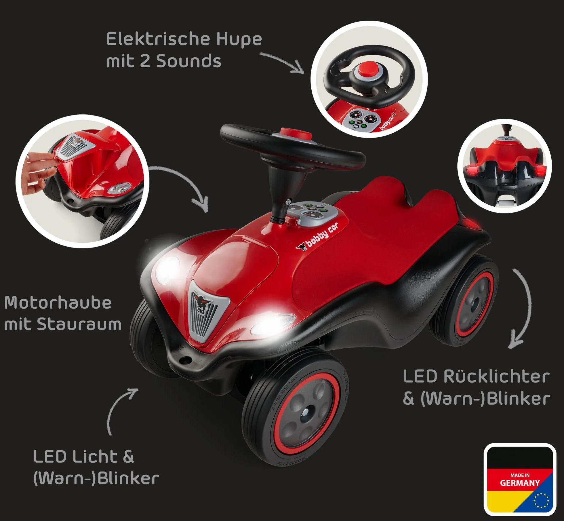 Big Bobby Car Next 2.0 samochód poślizgowy od 1 roku życia z oświetleniem LED, miejscem do przechowywania, kierownicą dźwiękową, szeptami i nowymi funkcjami, pojazd dla dzieci w wieku od 1 do 5 lat