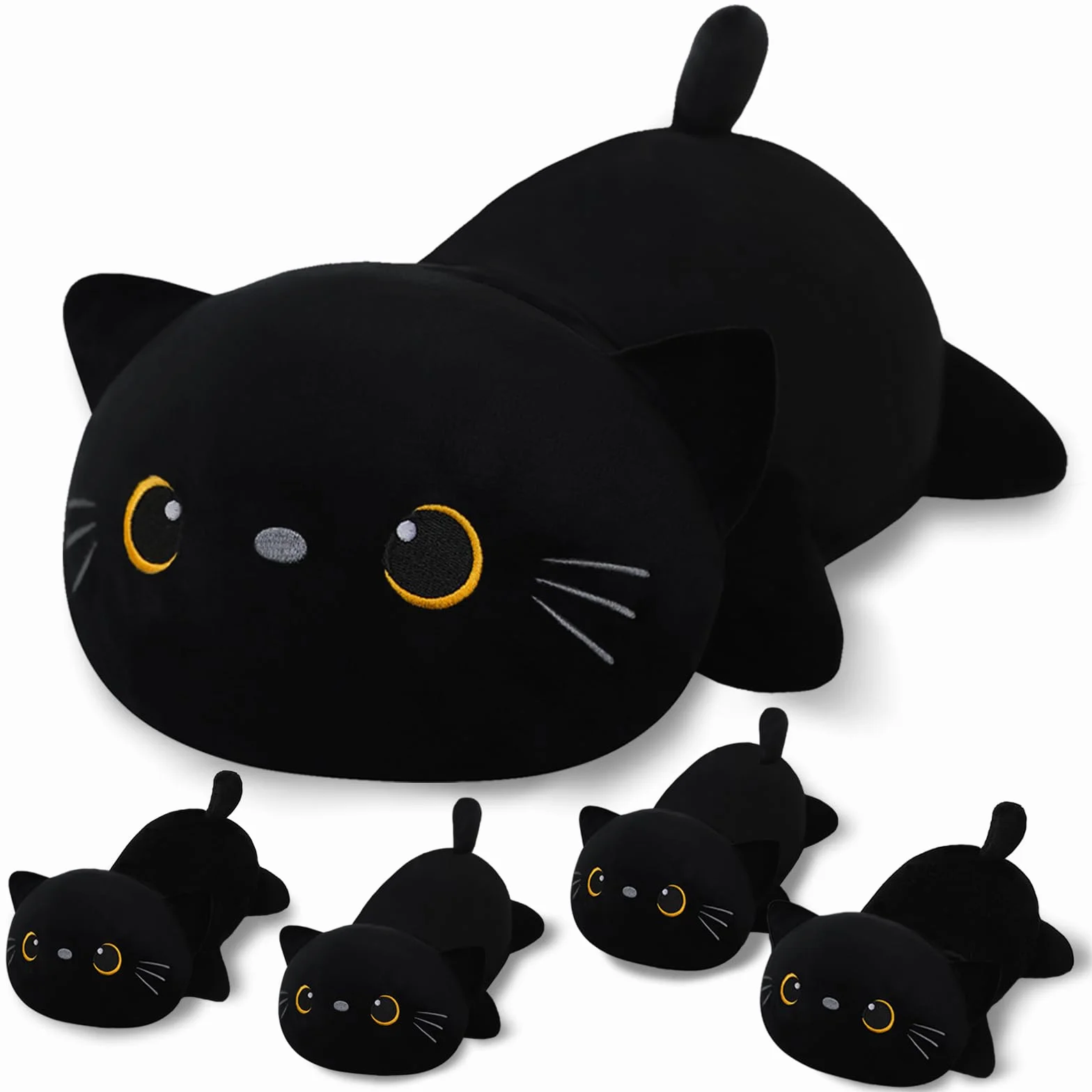 SQEQE Black Cat Plushies wypchane zwierzęta z 4 niemowlętami, śliczny czarny kot, pluszowa poduszka, miękka zabawka, prezent urodzinowy dla dziewcząt, chłopców