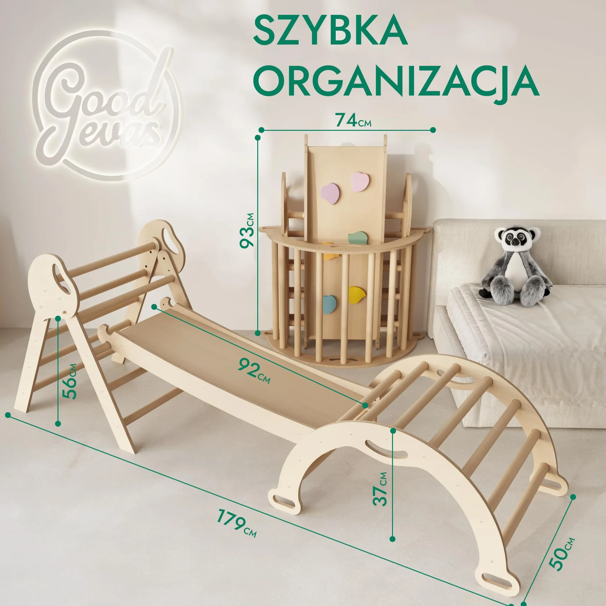 Goodevas Montessori zestaw rusztowań wspinaczkowych 5 w 1: do wnętrz, trójkąt wspinaczkowy, łuk wspinaczkowy z poduszką i zjeżdżalnią dla dzieci, plac zabaw dla dzieci w wieku 1-3 lat