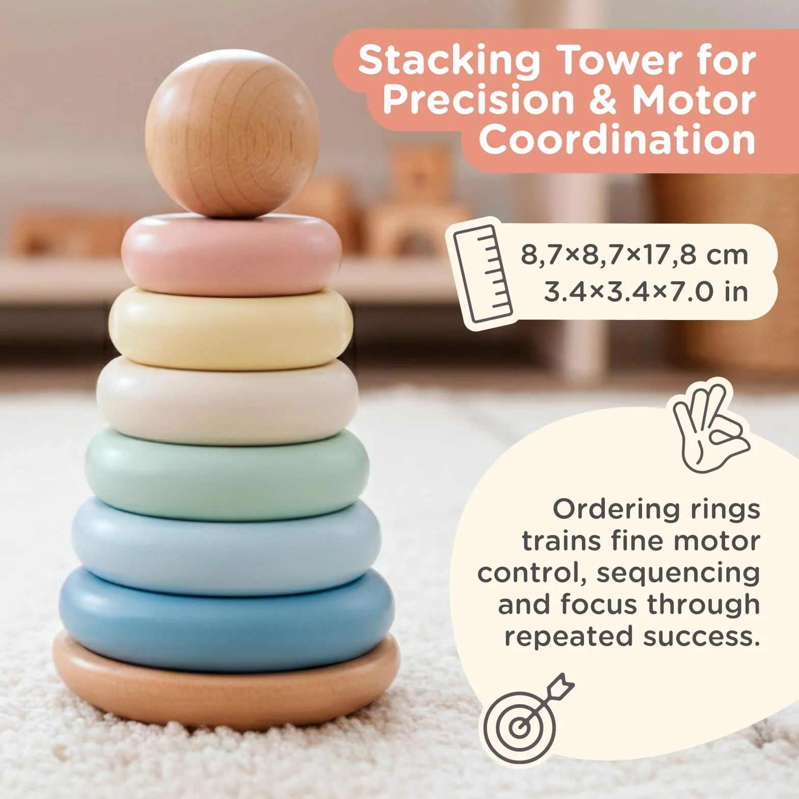 Nene Toys Drewniana Zabawka Montessori 3-w-1 dla Dzieci 1–3 Lata – Tęcza, Wieża do Układania i Sorter Kształtów – Pastelowe Kolory