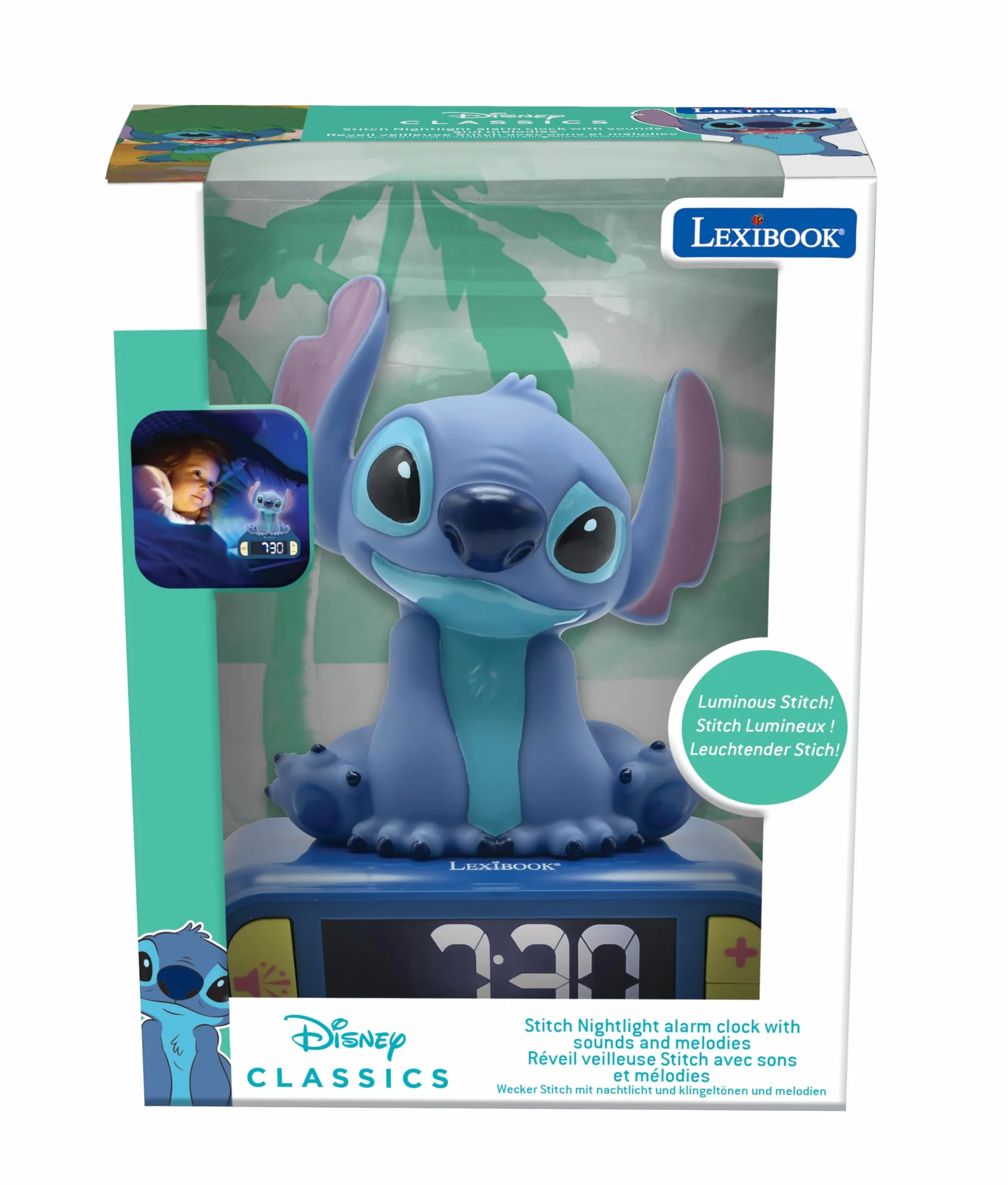 Lexibook Disney Stitch Budzik Nocny z Świecącą Postacią, 6 Alarmów, Podświetlany LCD, Niebieski RL800D