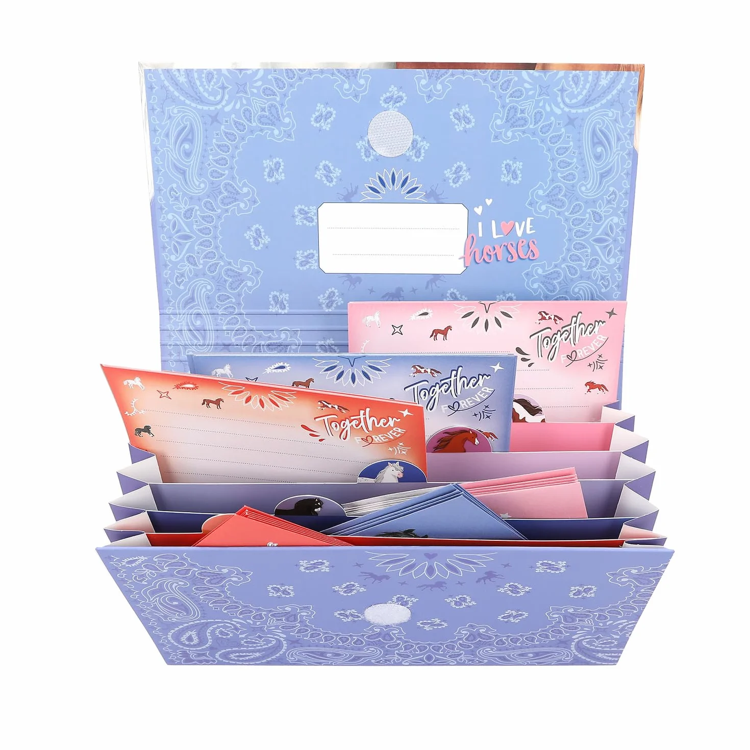 Depesche 12934 Miss Melody Bandana - papeteria w fioletowej teczce z motywem konia, w tym 24 papiery firmowe w 3 wzorach i 18 kopert