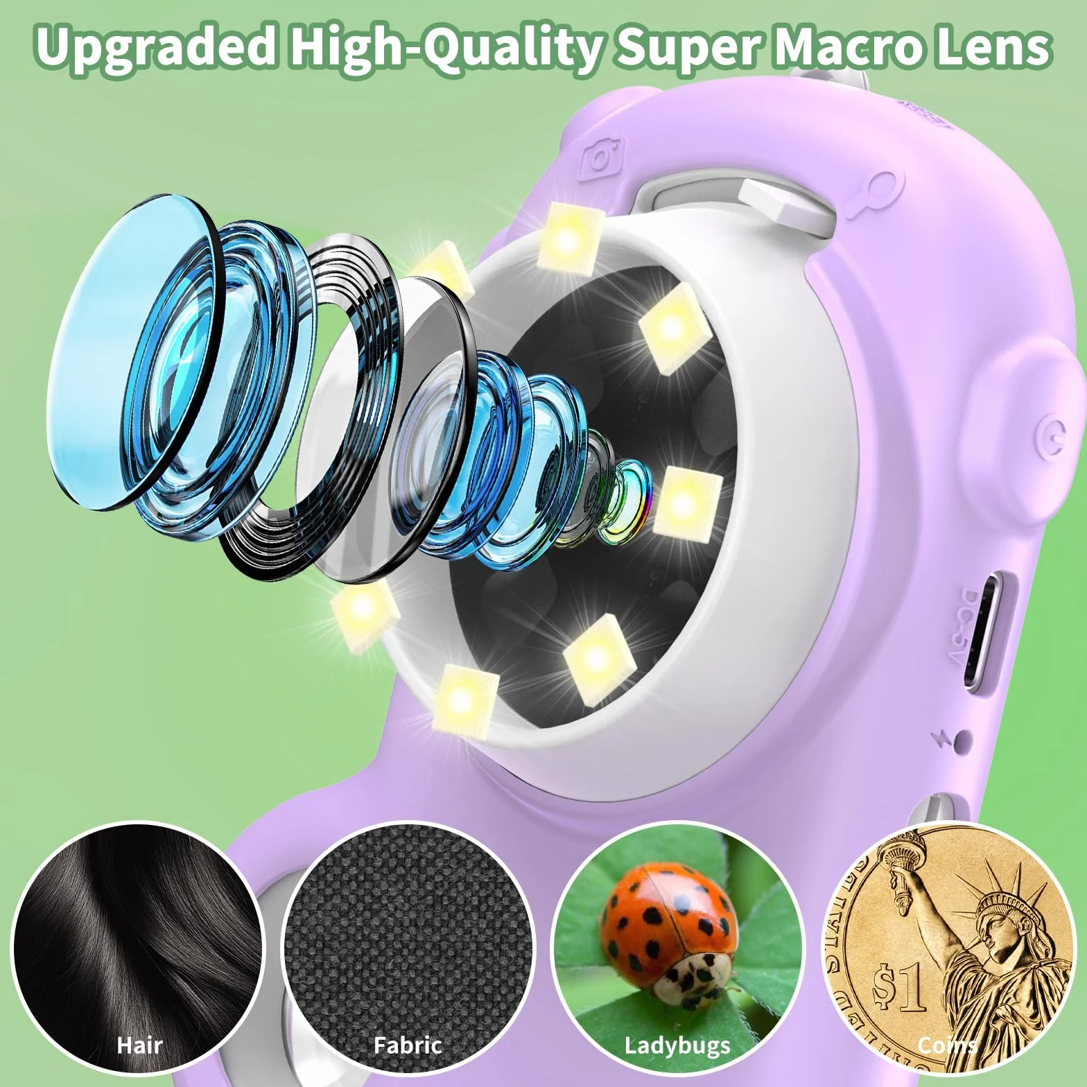 Przenośny mikroskop dziecięcy 2 w 1, mikroskop kieszonkowy Deepoter 1080P, 1000X, 2,0" IPS, 8 świateł LED, przenośny mikroskop z nagrywaniem zdjęć i filmów na urodziny/Boże Narodzenie, fioletowy