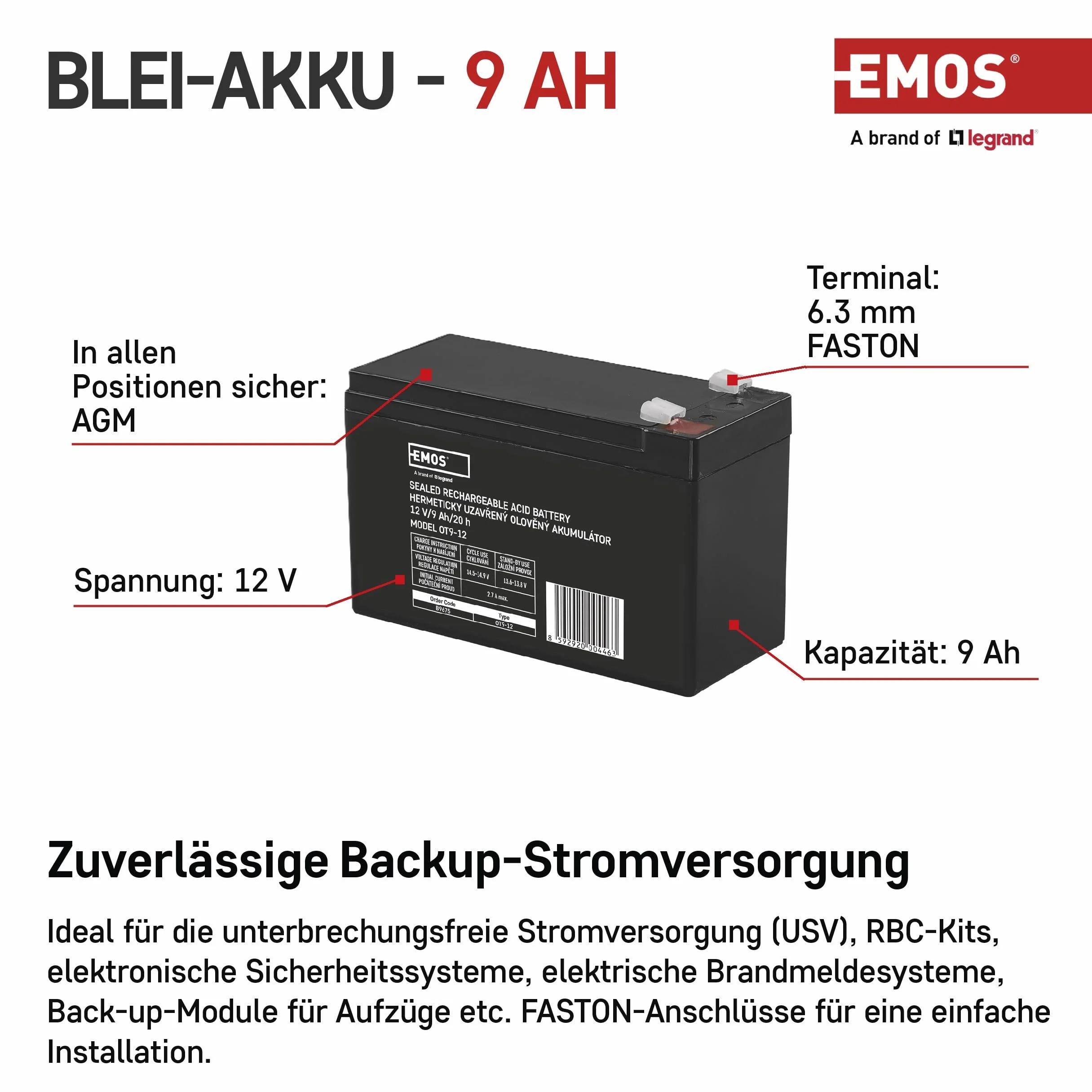 EMOS B9675 bezobsługowy akumulator ołowiowy/ołowiowy akumulator do pojazdów dziecięcych, urządzeń UPS 12V, 9 Ah, faston 6,3 mm, 12 V