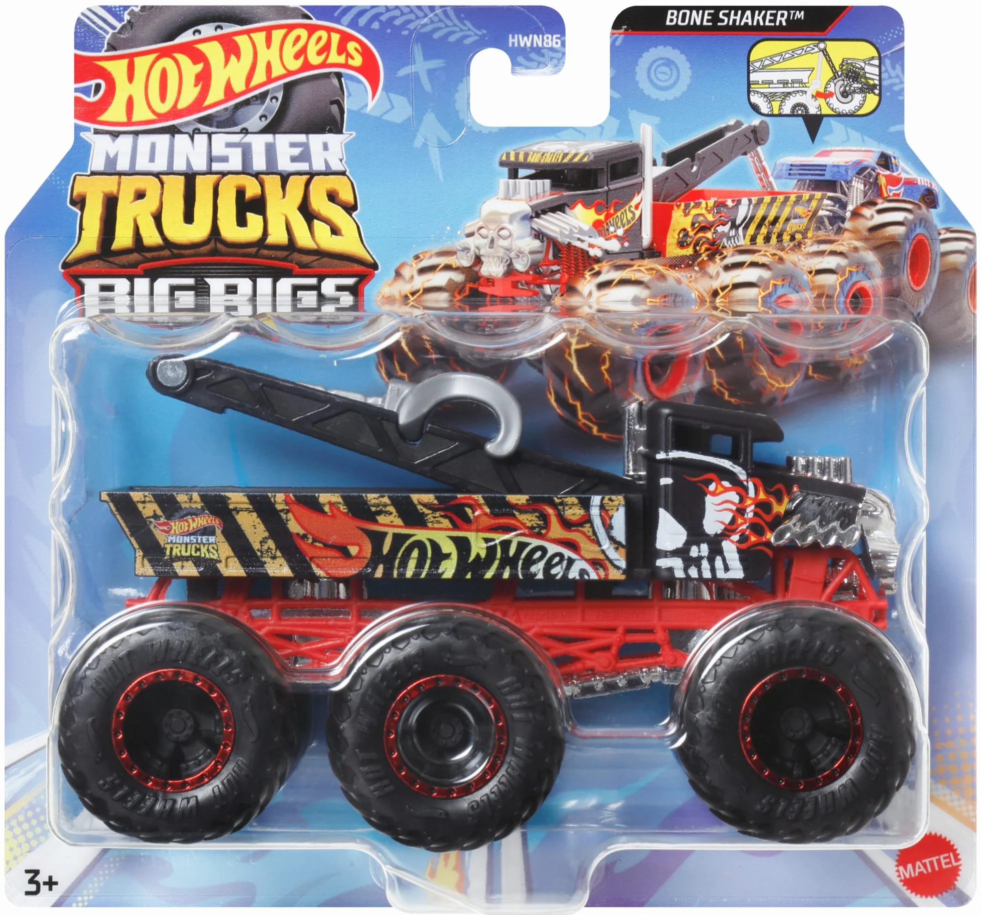 Hot Wheels Monster Trucks 6-kołowa ciężarówka w skali 1:64 do transportowania lub holowania innych pojazdów (zawartość zestawów może się różnić), HWN86