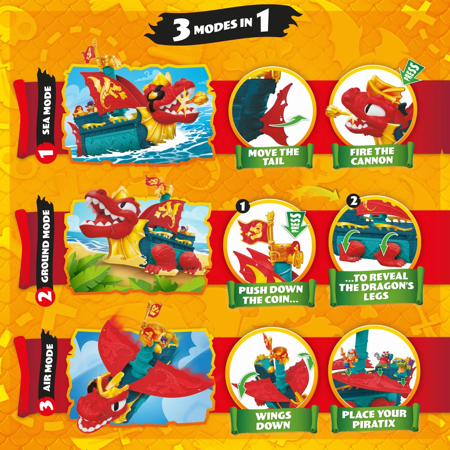 PIRATIX Dragon Ship – smoczy statek z Pyratix, 3 w 1: Ziemia, morze i powietrze. Zawiera 1 statek smoka, 1 ekskluzywny piratik, 1 ekskluzywny skarb, 1 flagę i 1 pocisk