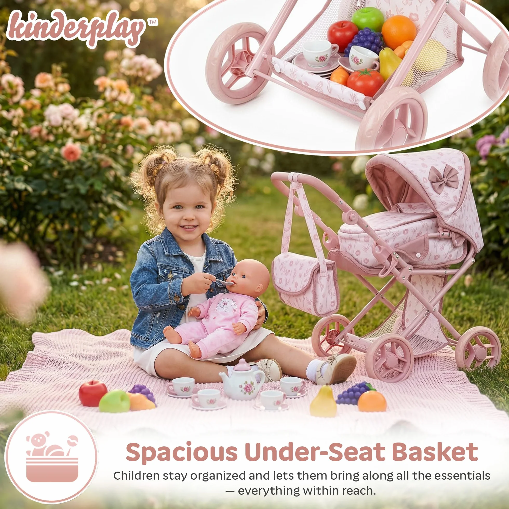 Kinderplay Wózek dla lalek 3 w 1 z torbą do przenoszenia, wózek dla lalek z regulacją wysokości 36,5-64 cm, składany wózek dziecięcy z cichymi kółkami piankowymi, dla lalek do 40 cm, od 3 lat