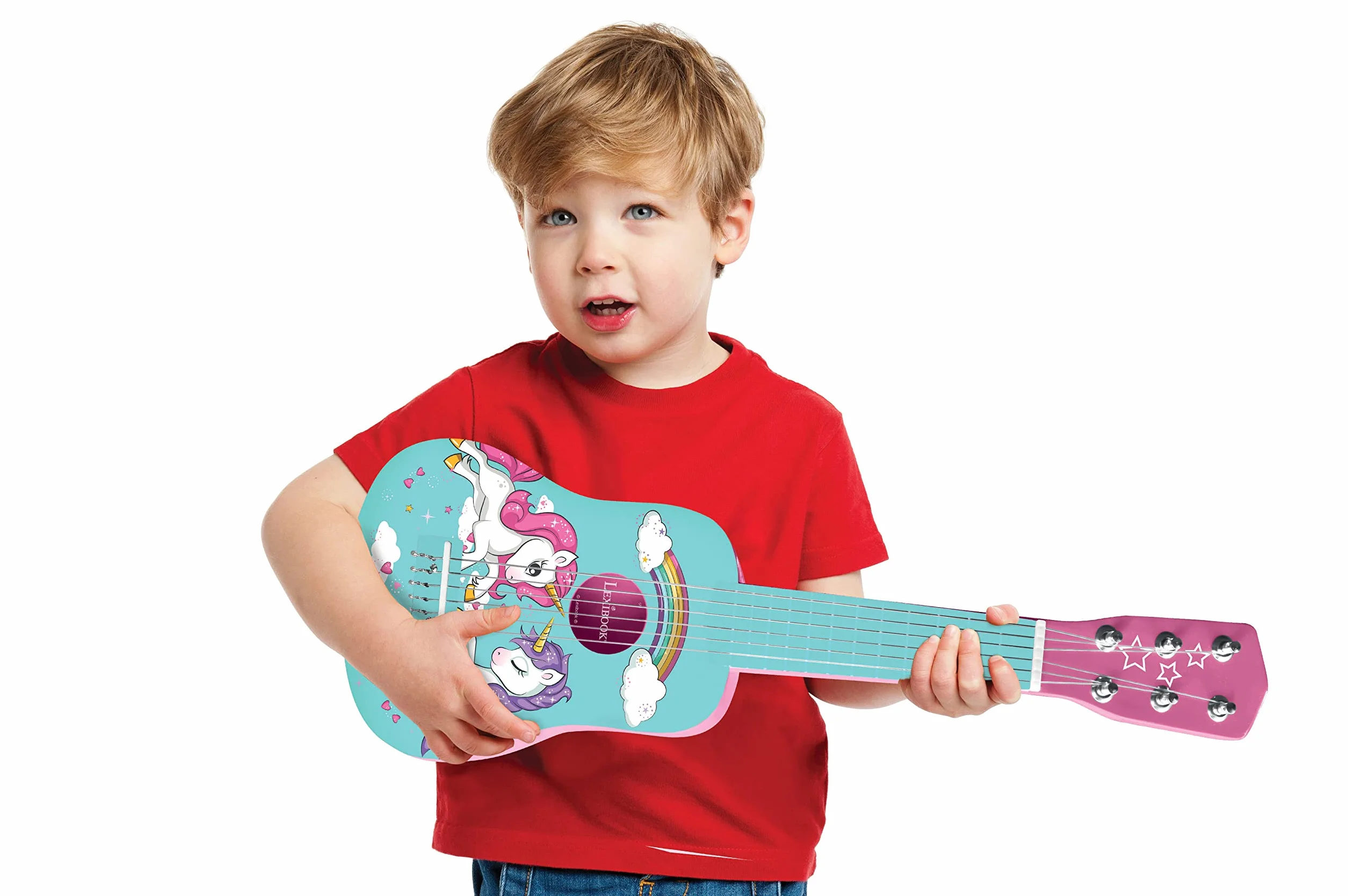 Lexibook Drewniana Gitara Jednorożec, 6 Strun, 53 cm, Przewodnik w Zestawie, Różowy, Niebieski, K205UNI
