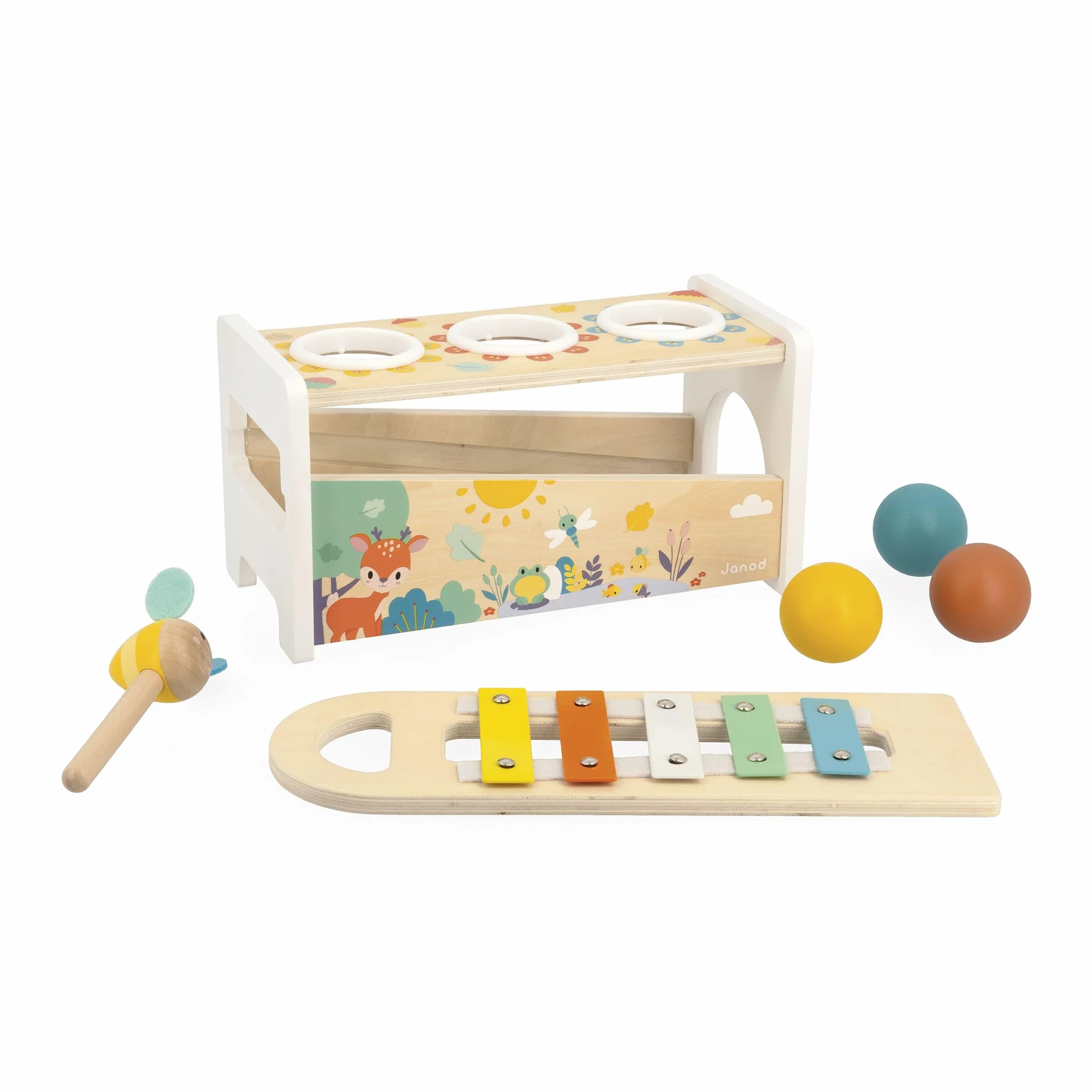 Janod Tap Tap Xylo Pure 2-in-1 Baby Musical Instrument - Awakening and Educational Game - Wooden Toy with 3 Balls + Hammer + Xylophone - From 12 Months Old, J05155