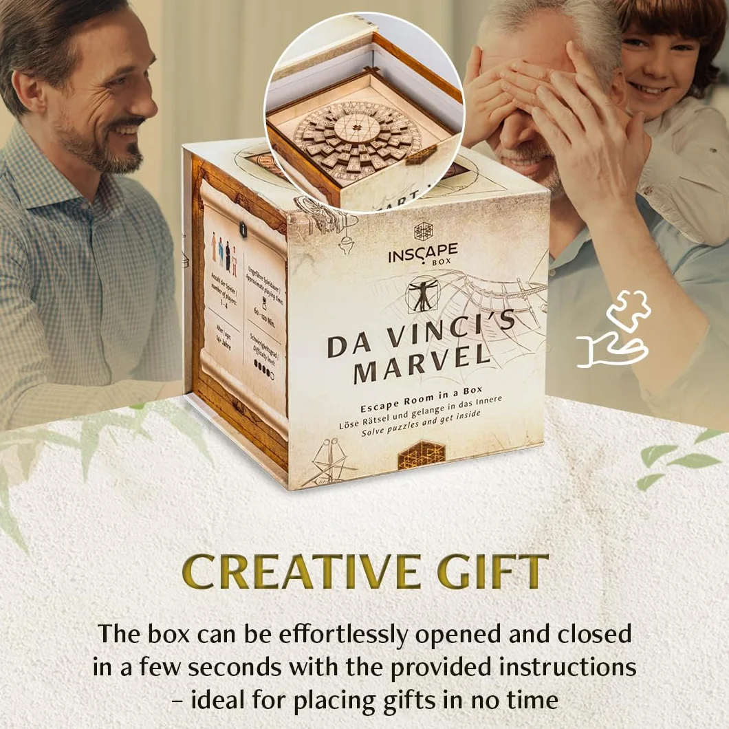 INSCAPE Da Vinci's Marvel - Drewniane Pudełko z Puzzlami Escape Room, Gra dla Dorosłych i Dzieci, 3D Cluebox, Gry Myślące