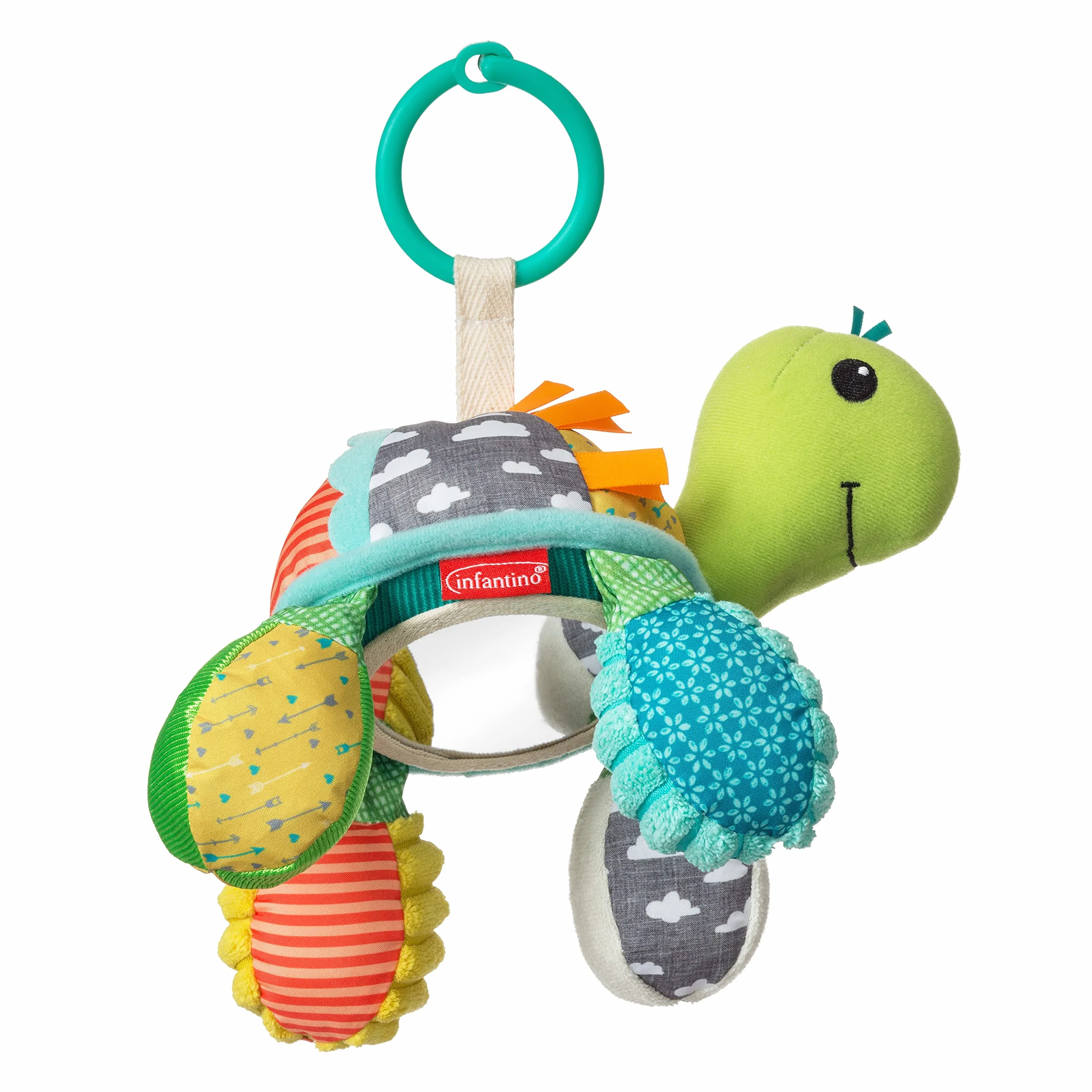 Infantino Go Gaga żółw Mirror Pal, klips do wózka dziecięcego i wózka dziecięcego, dla noworodka, zabawka sensoryczna, peek-a-Boo Play