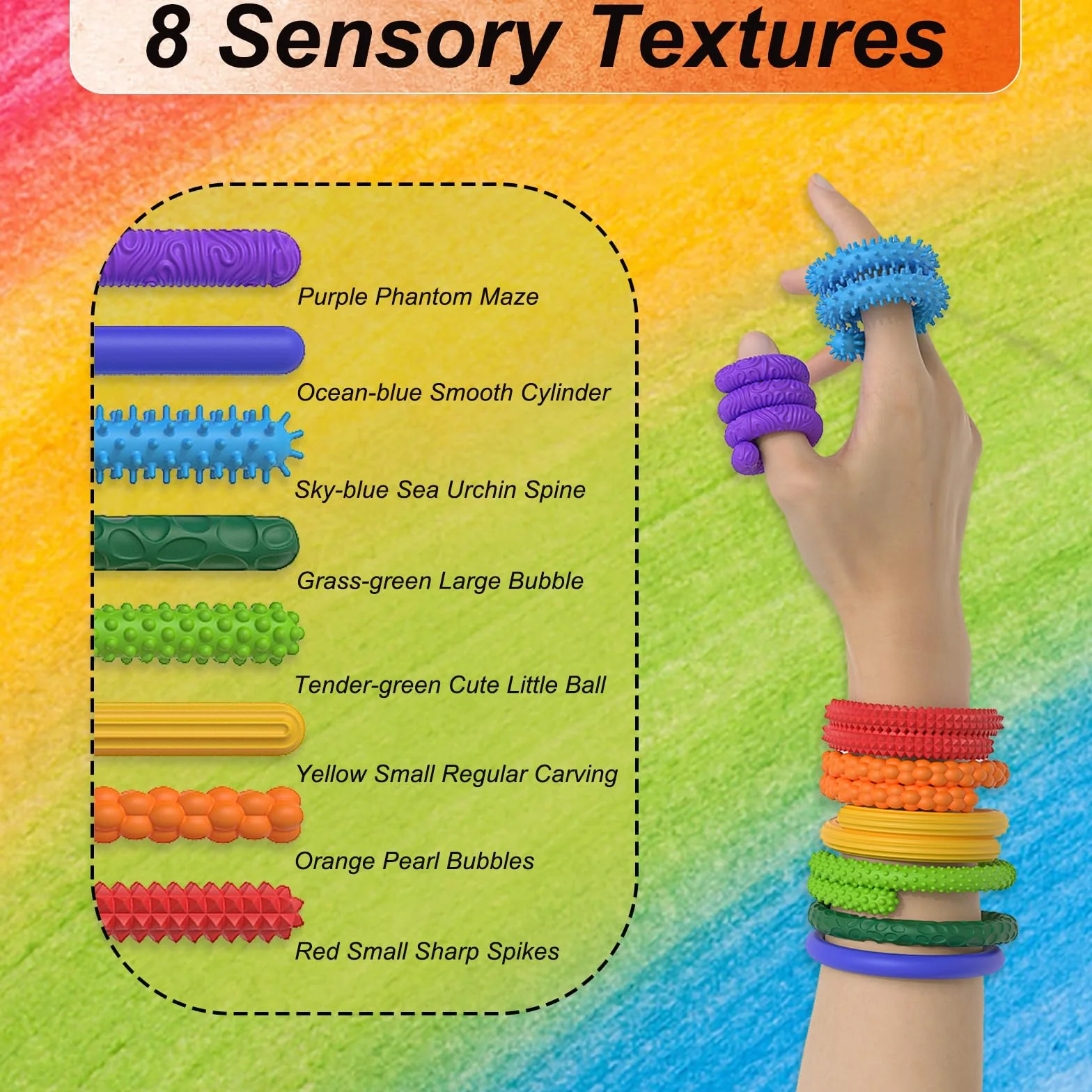 Fidget Toys 8 sztuk – teksturowany silikon Fidget sensoryczny Stick zabawka dla dzieci i dorosłych, zabawka łagodząca stres, prezent dla osób z autyzmem i ADHD