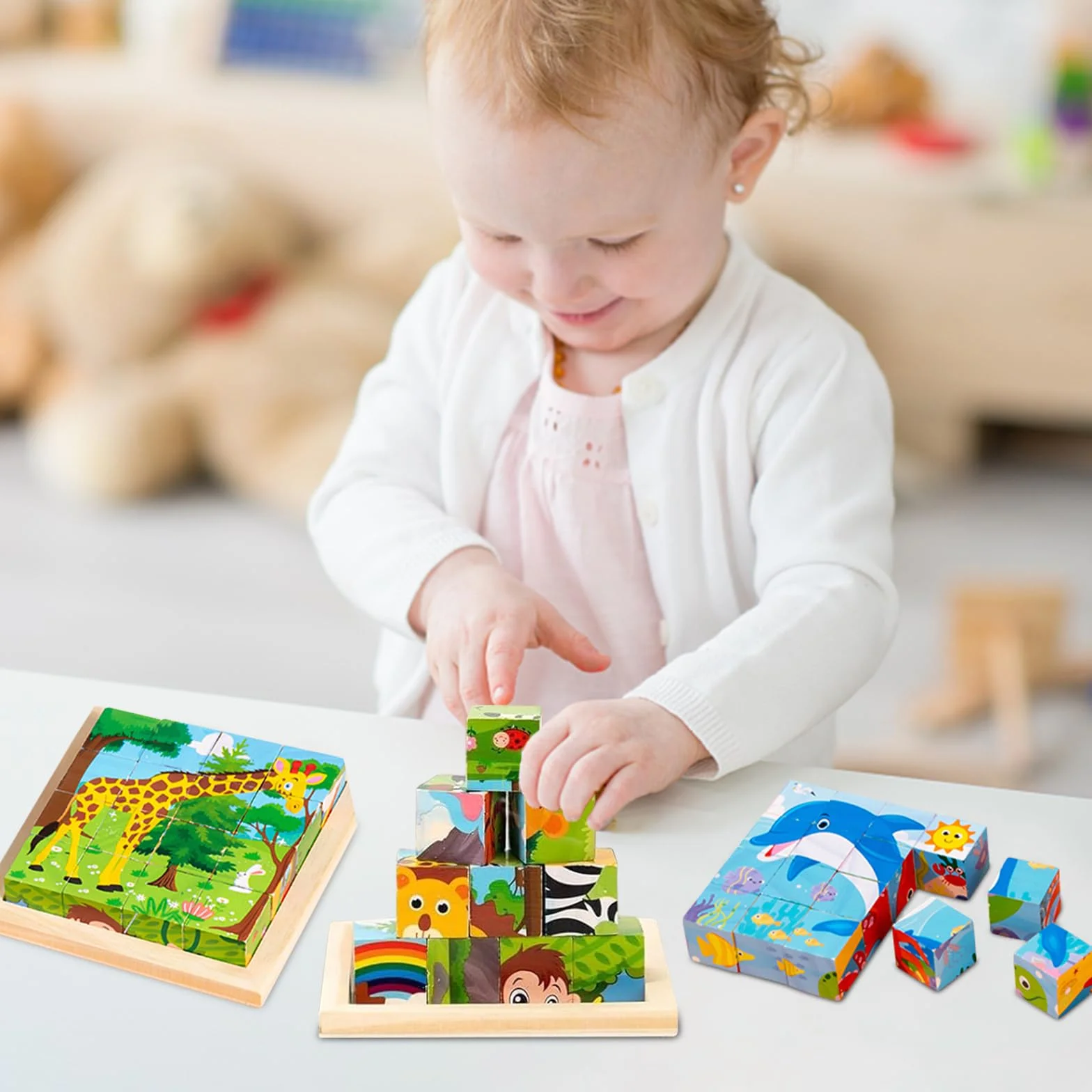 Montessori puzzle drewniane 3D 6 w 1 edukacyjna zabawka dla dzieci od 1 lat