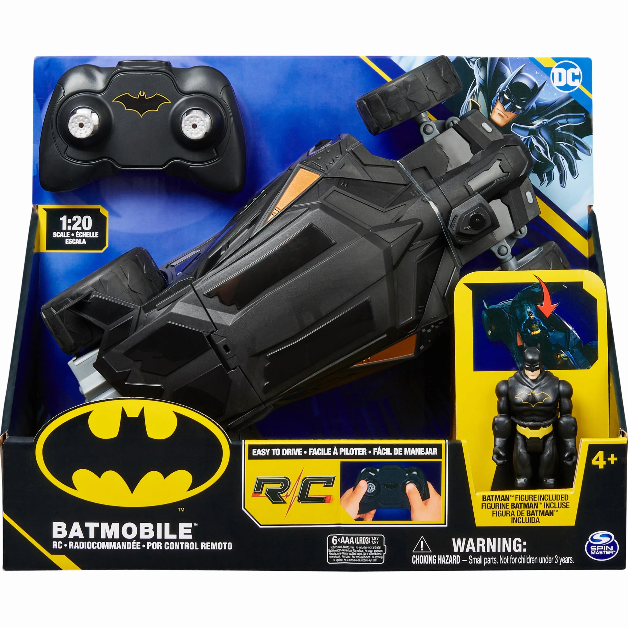 Spin Master - Batman Batmobile z pilotem zdalnego sterowania (2,4 GHz), łatwy do jazdy, kompatybilny z figurkami Batmana 10 cm, z figurką Batmana, skala 1:20, od 4 lat