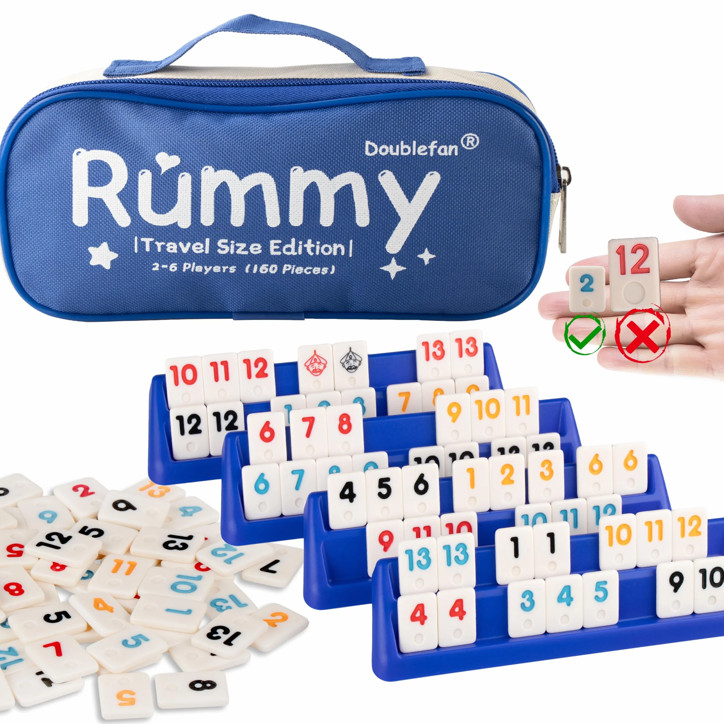 Doublefan Mini zestaw rummy, gra w podróży z wytrzymałą torbą z płótna żaglowego, klasyczna gra dla dorosłych i dzieci, 160 kamieni, 6 stojaków do zabawy, 1 kostka (2-6 graczy)