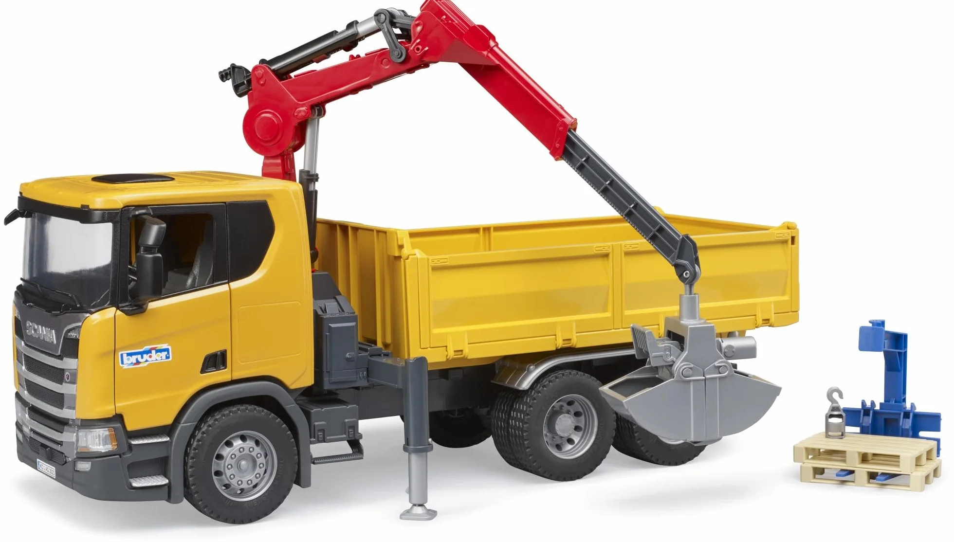 bruder 03551 - Scania Super 560R ci|arówka budowlana z dzwigiem i 2 paletami, pojazdy, pojazd budowlany, ci|arówka z dzwigiem, ci|arówka, zabawki od 4 lat