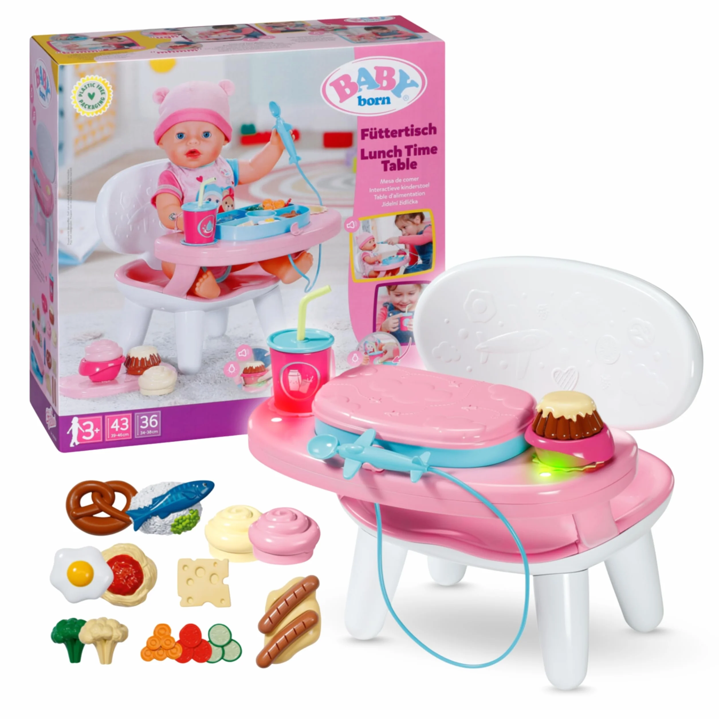 BABY born Stół do karmienia z funkcją oświetlenia i dźwięku, z ponad 10 różnymi potrawami i napojami, dla lalek 43 cm, 840634 Zapf Creation