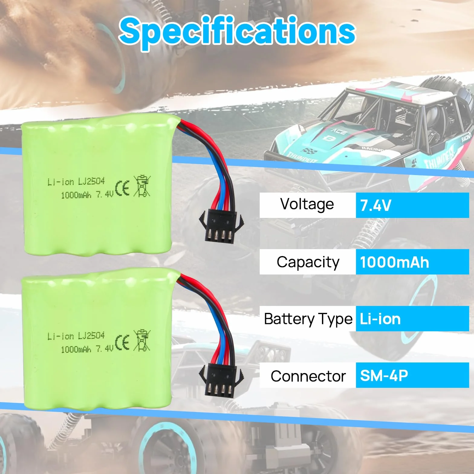 2 sztuki 7,4V 1000mAh bateria litowa z wtyczką SM-4P i kablem ładującym USB do samochodu RC, łodzi, ciężarówki, DE36W DE65 NO.1809 samochód zabawkowy RC, pojazd terenowy, akumulator wyścigowy do
